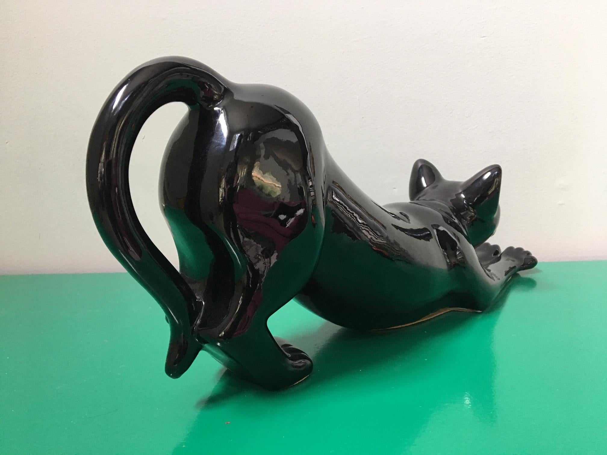 Hollywood Regency Ceramic Black Cat Sculpture by Vanguard