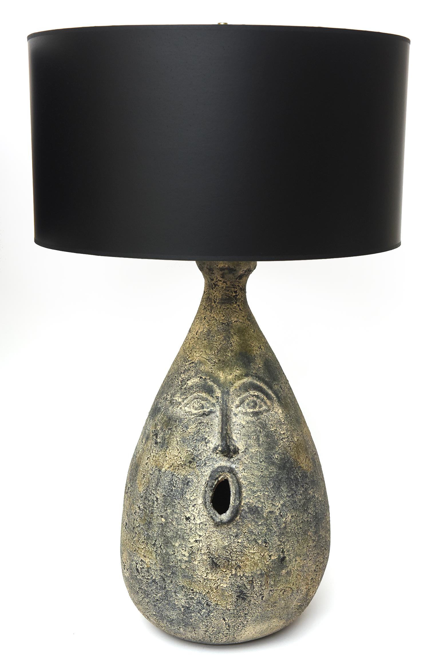 Ceramic Black, Charcoal Gray and Tan Mid Century Face Lamps Pair of French 5