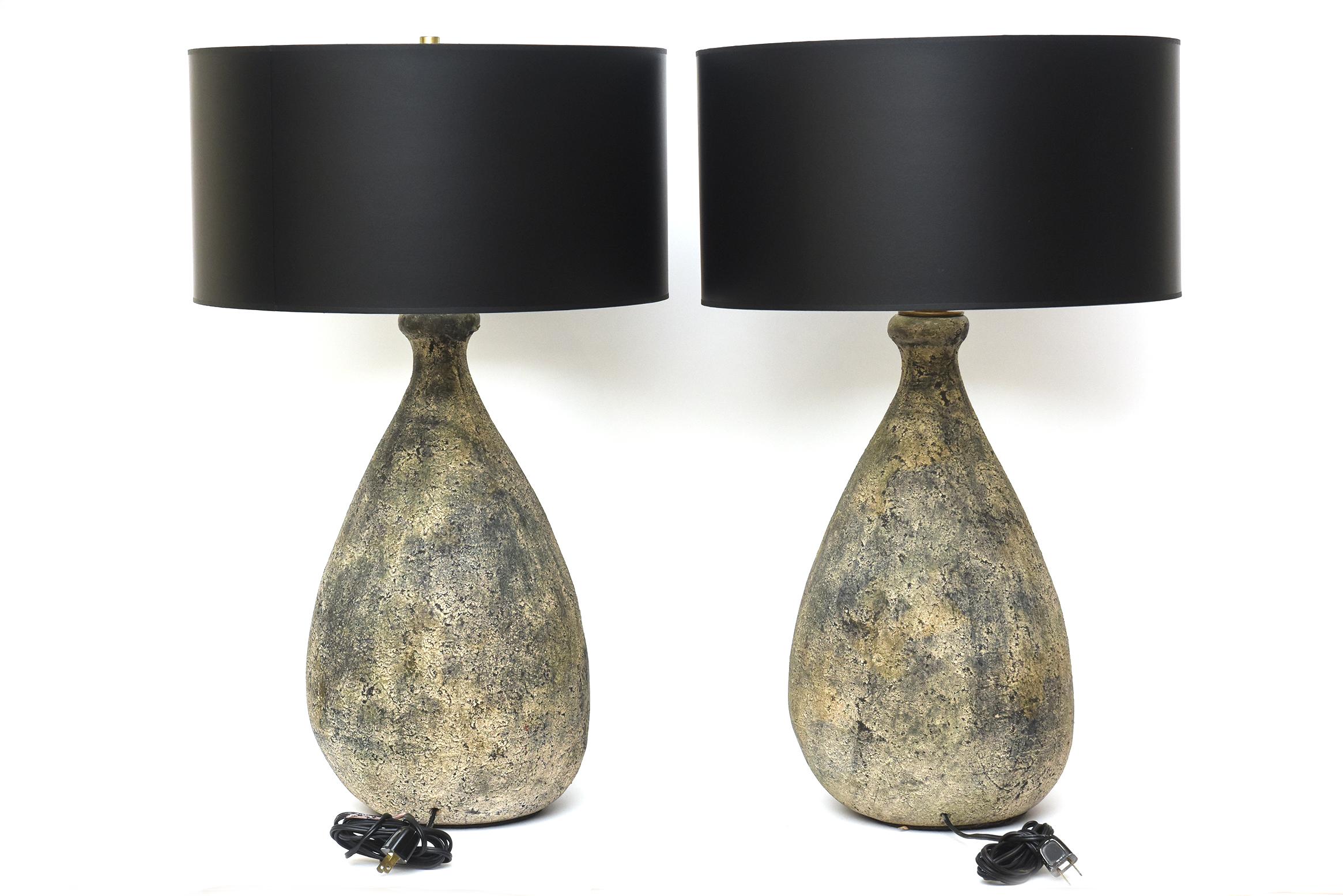 Ceramic Black, Charcoal Gray and Tan Mid Century Face Lamps Pair of French 6