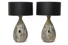 Ceramic Black, Charcoal Gray and Tan Mid Century Face Lamps Pair of French