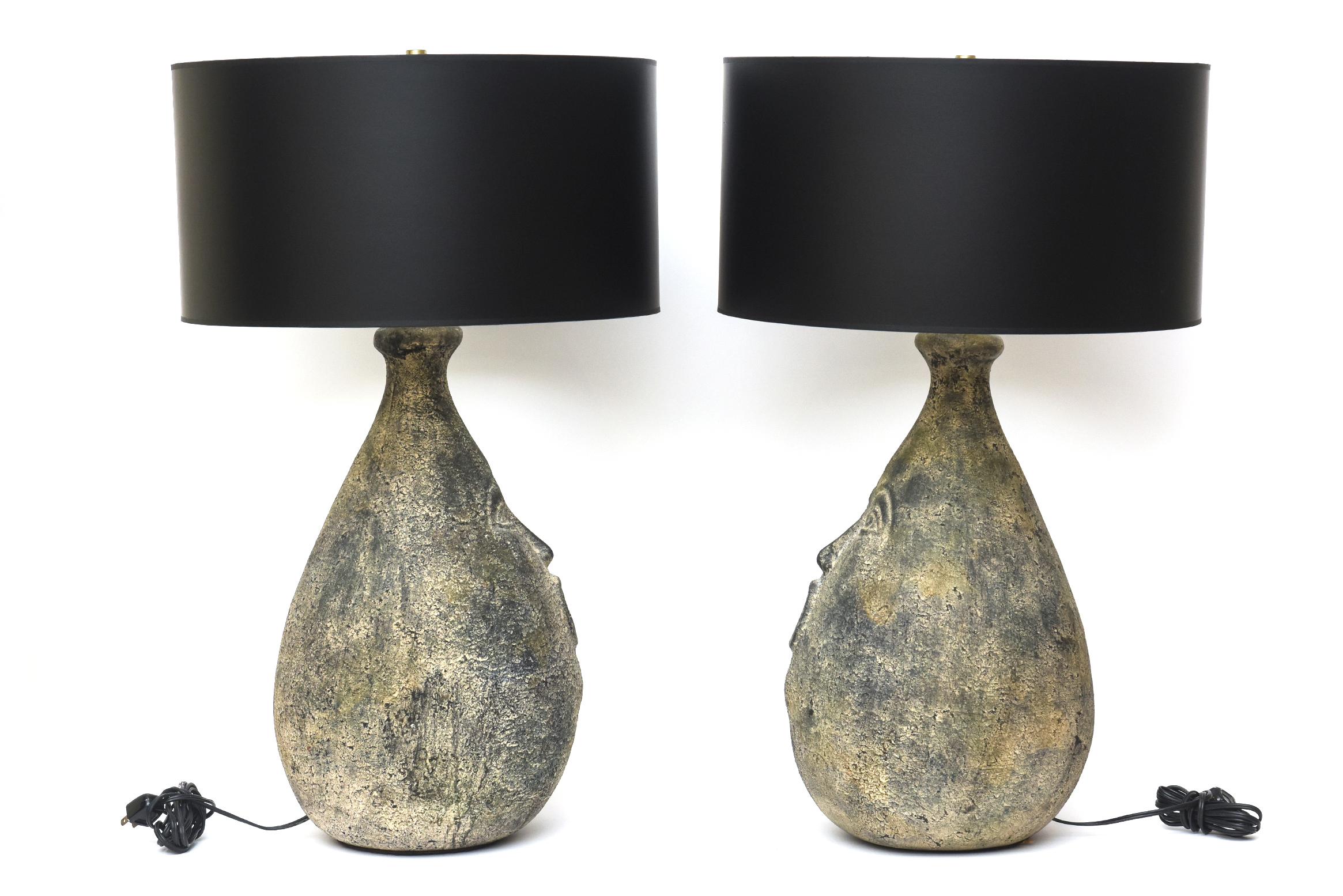 Ceramic Black, Charcoal Gray and Tan Mid Century Face Lamps Pair of French 4