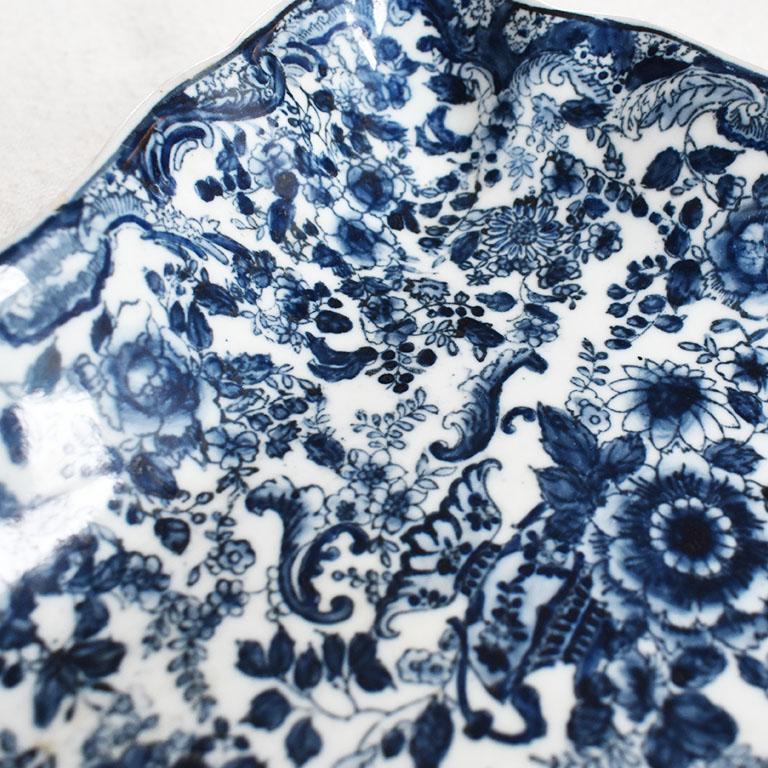 Chinoiserie Ceramic Blue and White chinoiserie Floral Square Scalloped Edge Bowl