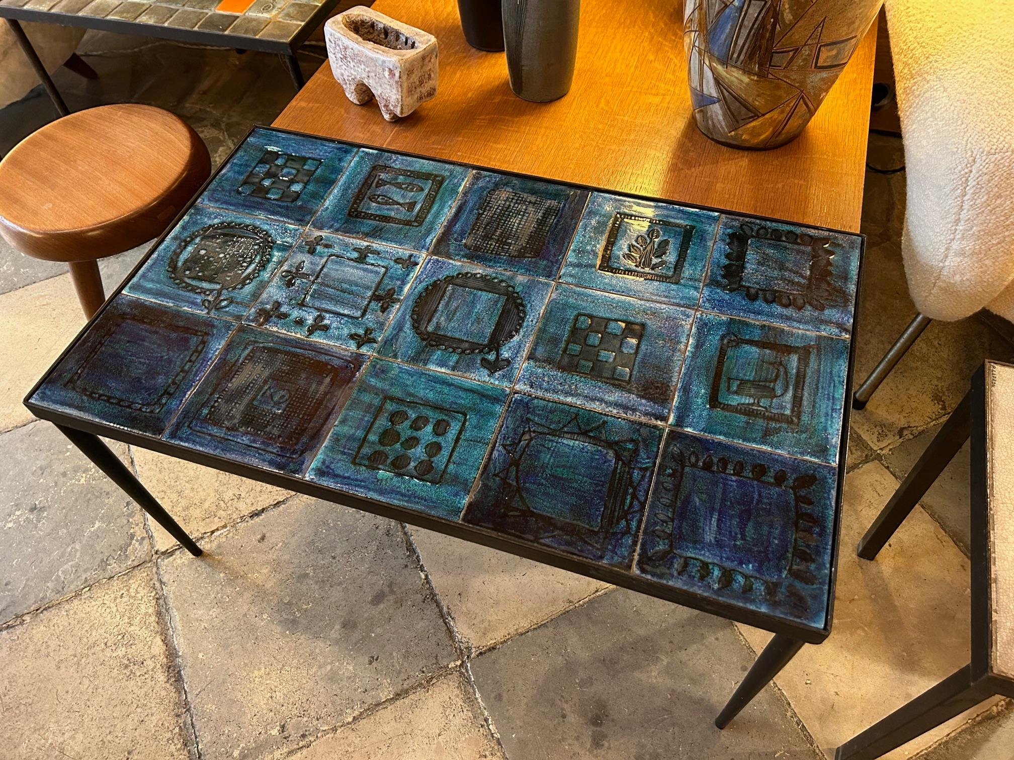 Modern Ceramic blue coffee table by Cloutier, France, 1960's For Sale