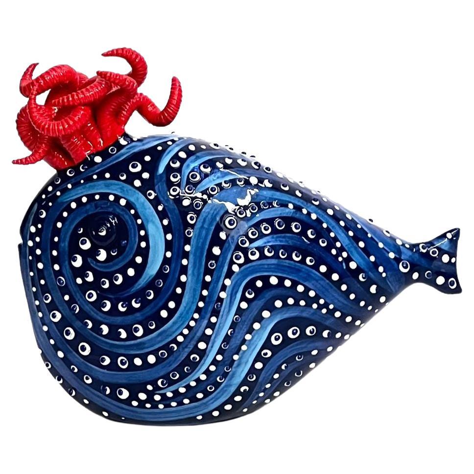 Keramik Blauer Fisch handgefertigt in Italien, wählen Sie Ihren Stil! Neue Kreation 2023.