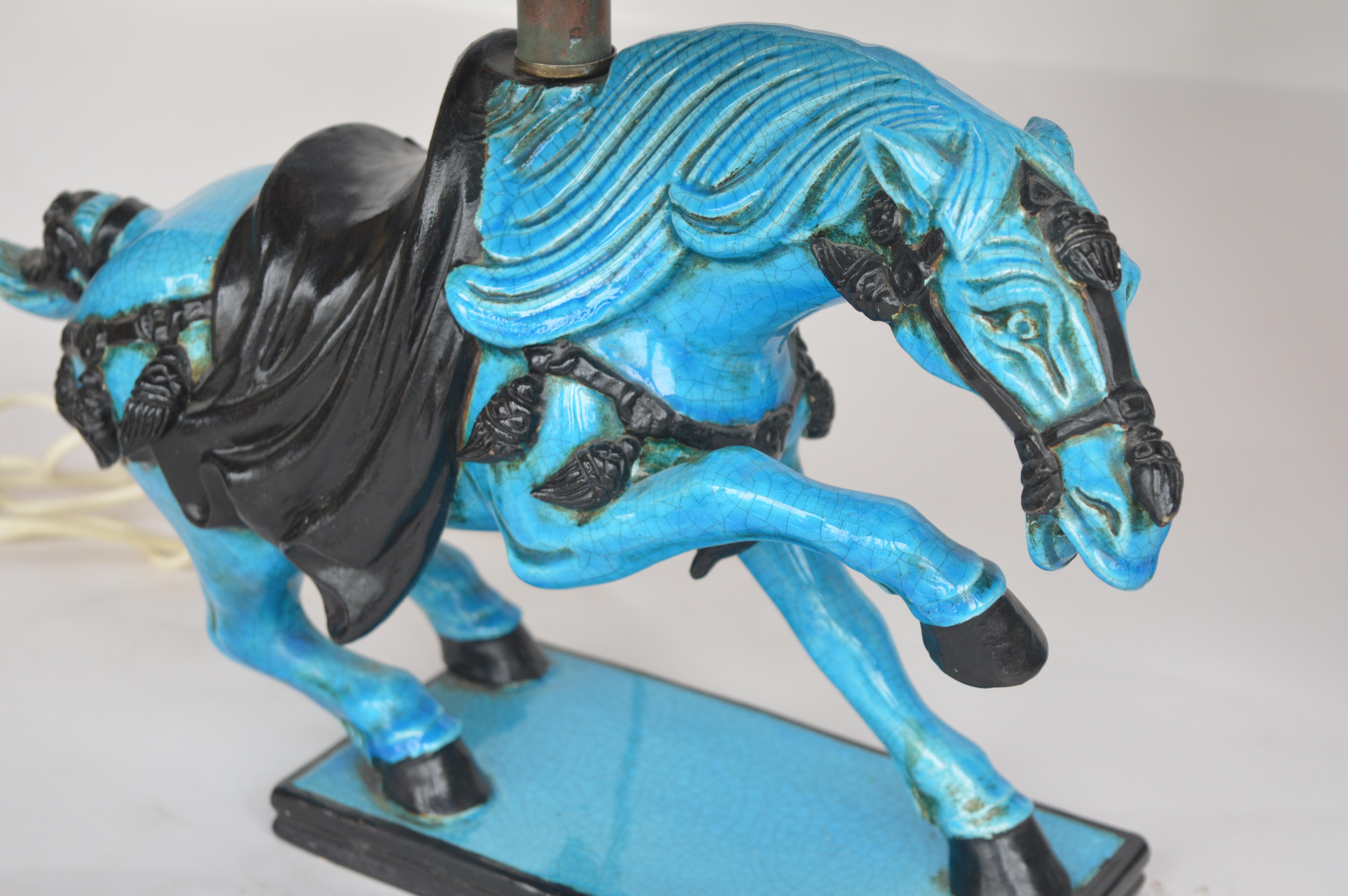 Chinese Ceramic Blue Horse Table Lamps