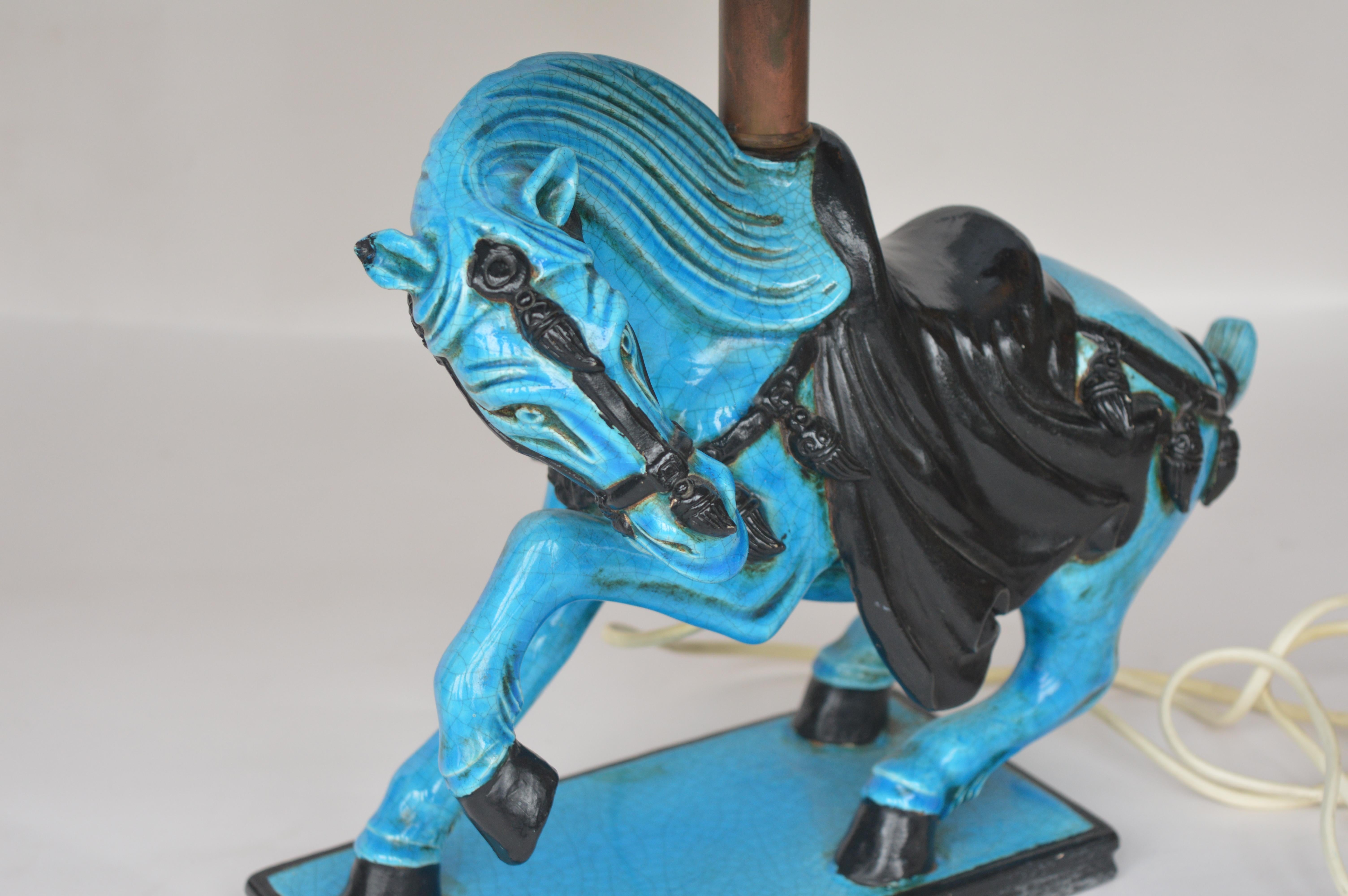 Ceramic Blue Horse Table Lamps In Excellent Condition In Los Angeles, CA