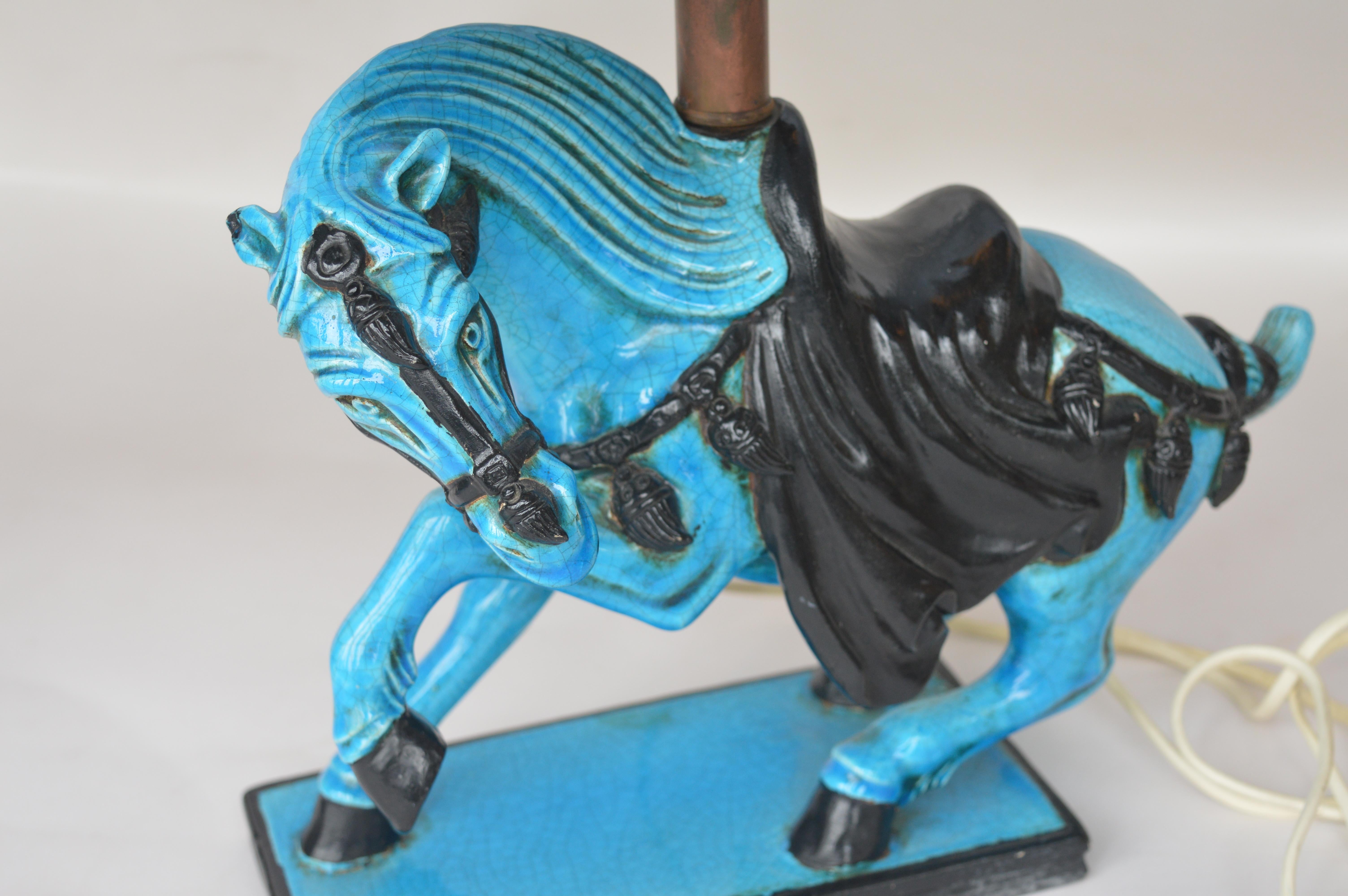 20th Century Ceramic Blue Horse Table Lamps