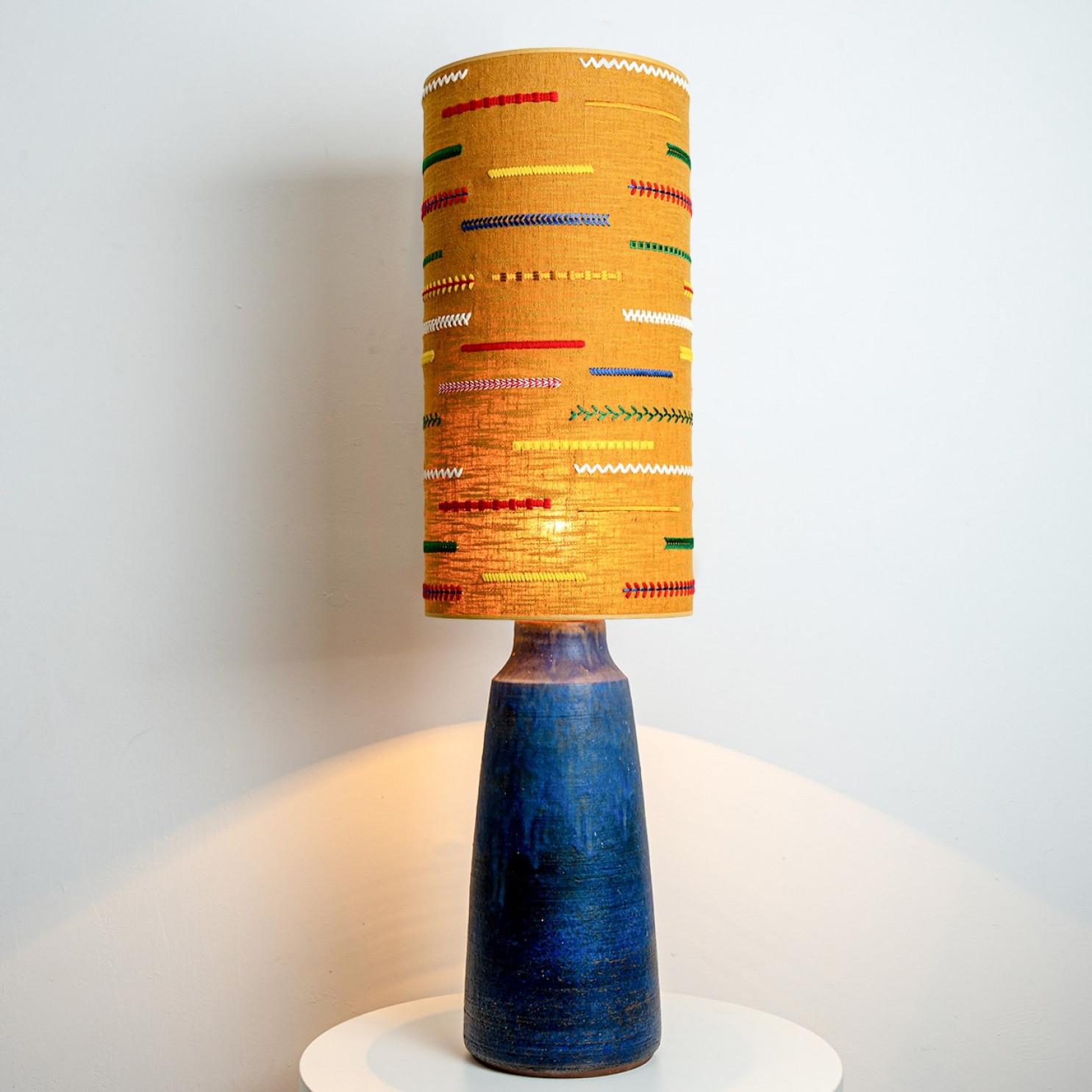Other Ceramic Blue Lamp with Custom Multicolor Shade by Rene Houben, Denmark 1970 For Sale