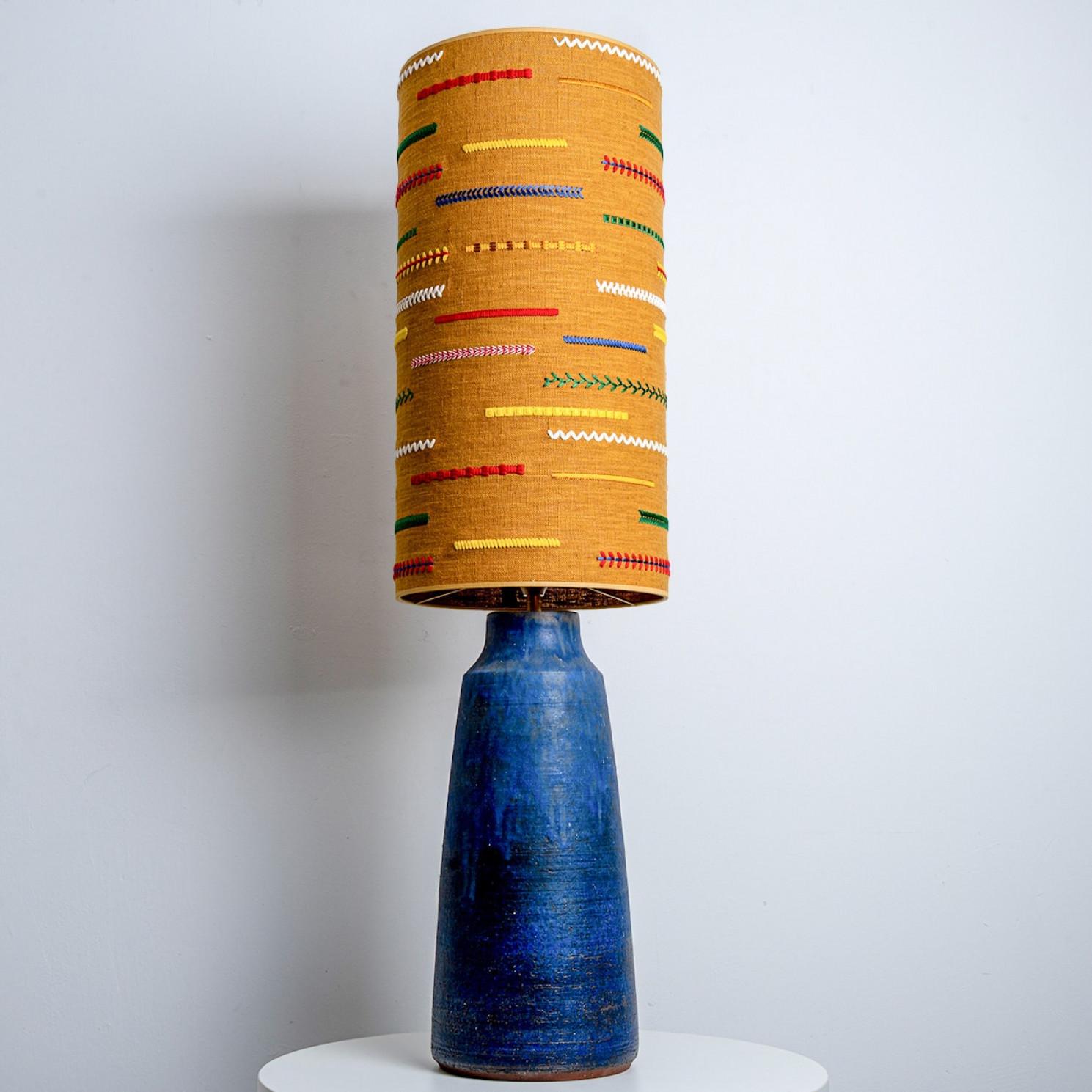 Late 20th Century Ceramic Blue Lamp with Custom Multicolor Shade by Rene Houben, Denmark 1970 For Sale