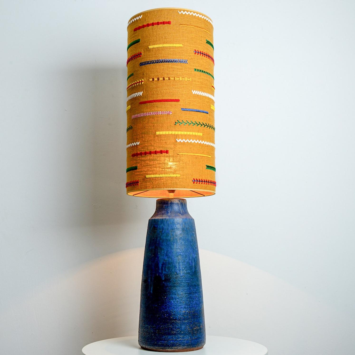 Ceramic Blue Lamp with Custom Multicolor Shade by Rene Houben, Denmark 1970 For Sale 1