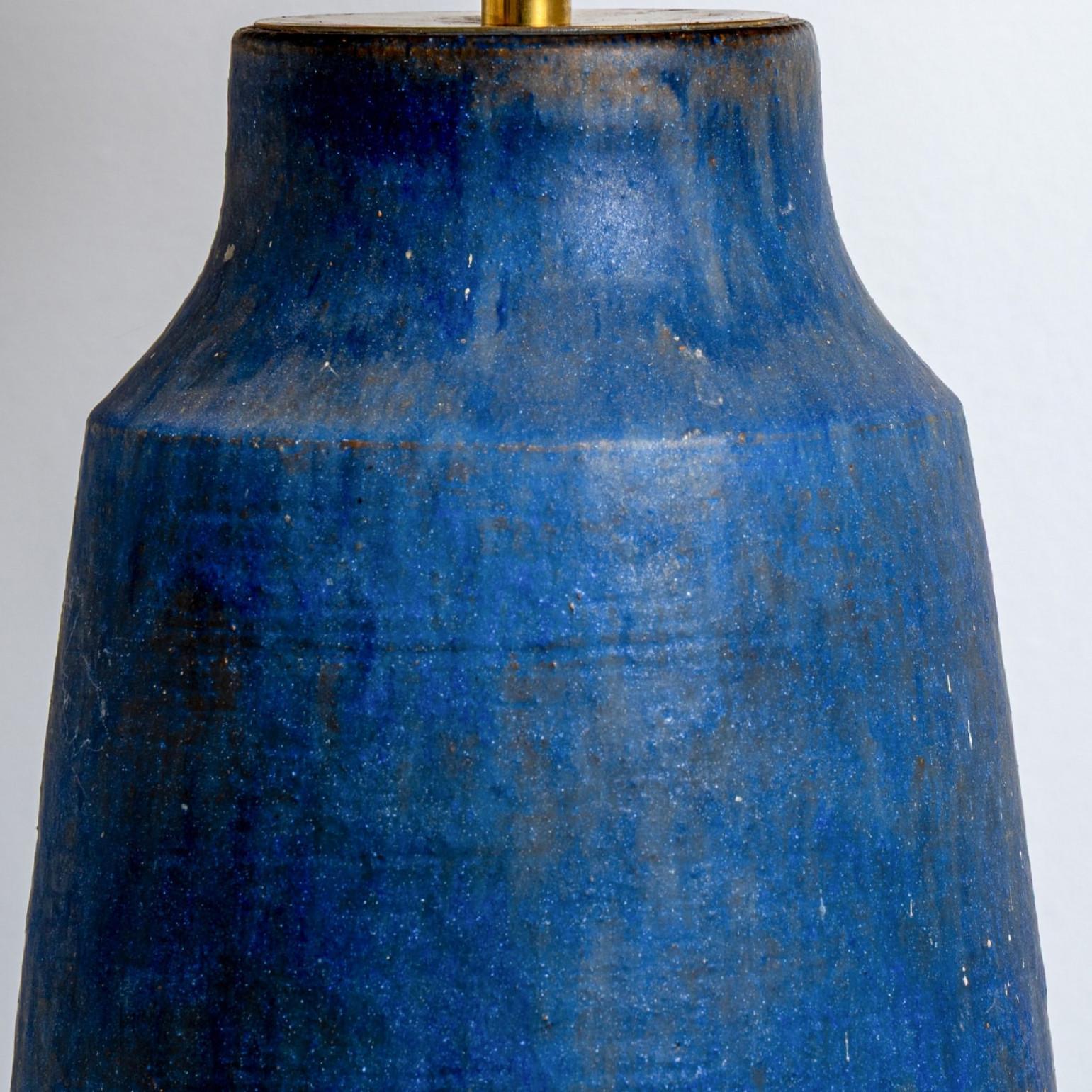 Ceramic Blue Lamp with Custom Multicolor Shade by Rene Houben, Denmark 1970 For Sale 2