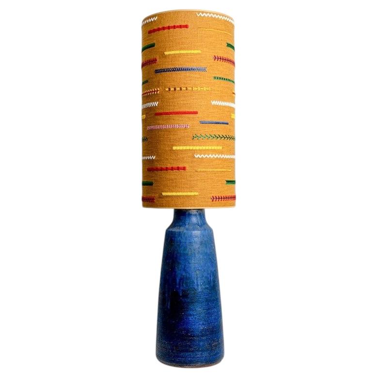 Ceramic Blue Lamp with Custom Multicolor Shade by Rene Houben, Denmark 1970 For Sale