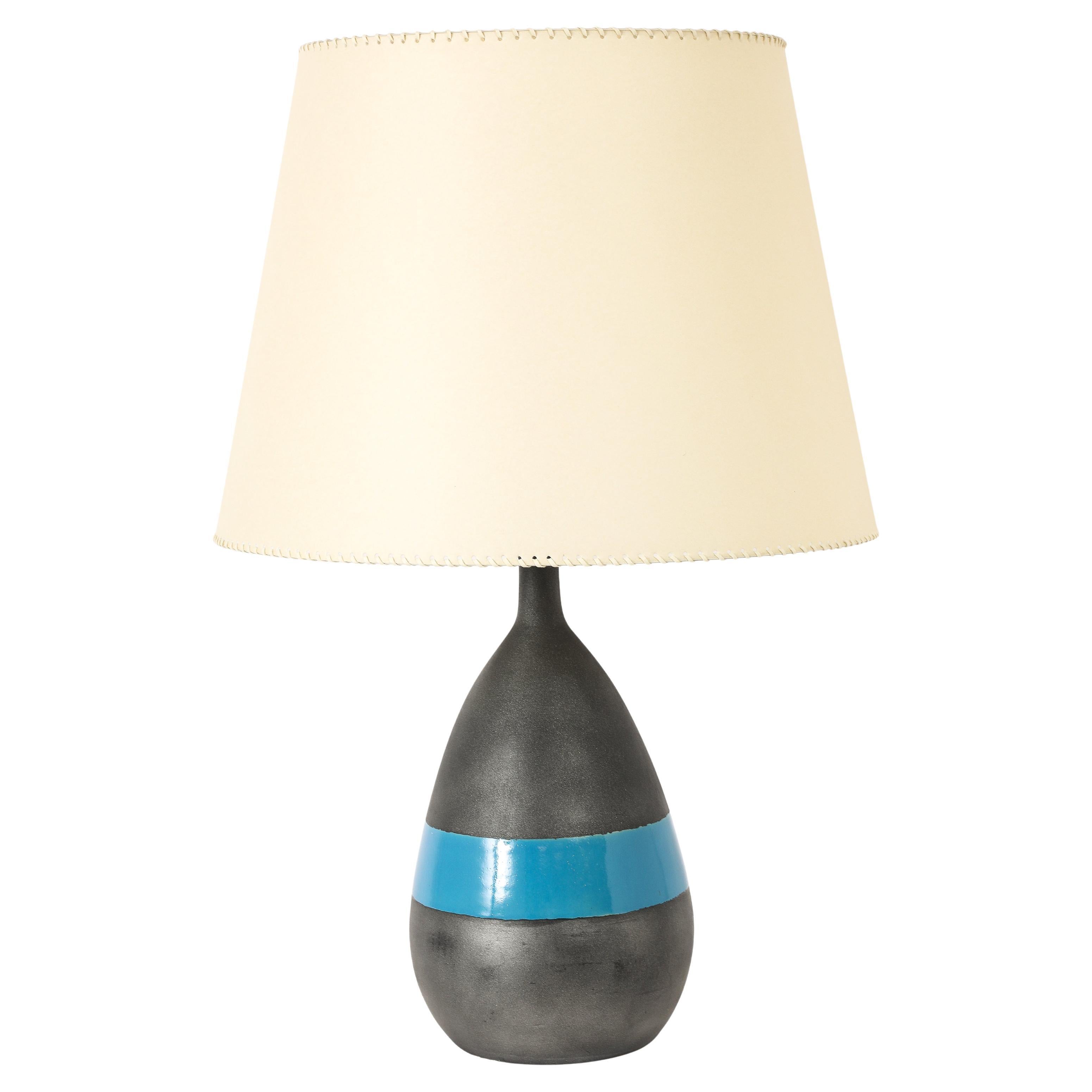 Ceramic “Blue Line” Table Lamp, France 1950
s For Sale