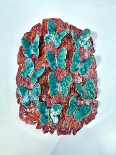 Ceramic Blue Morph Butterflies on Bark Wall Sculpture