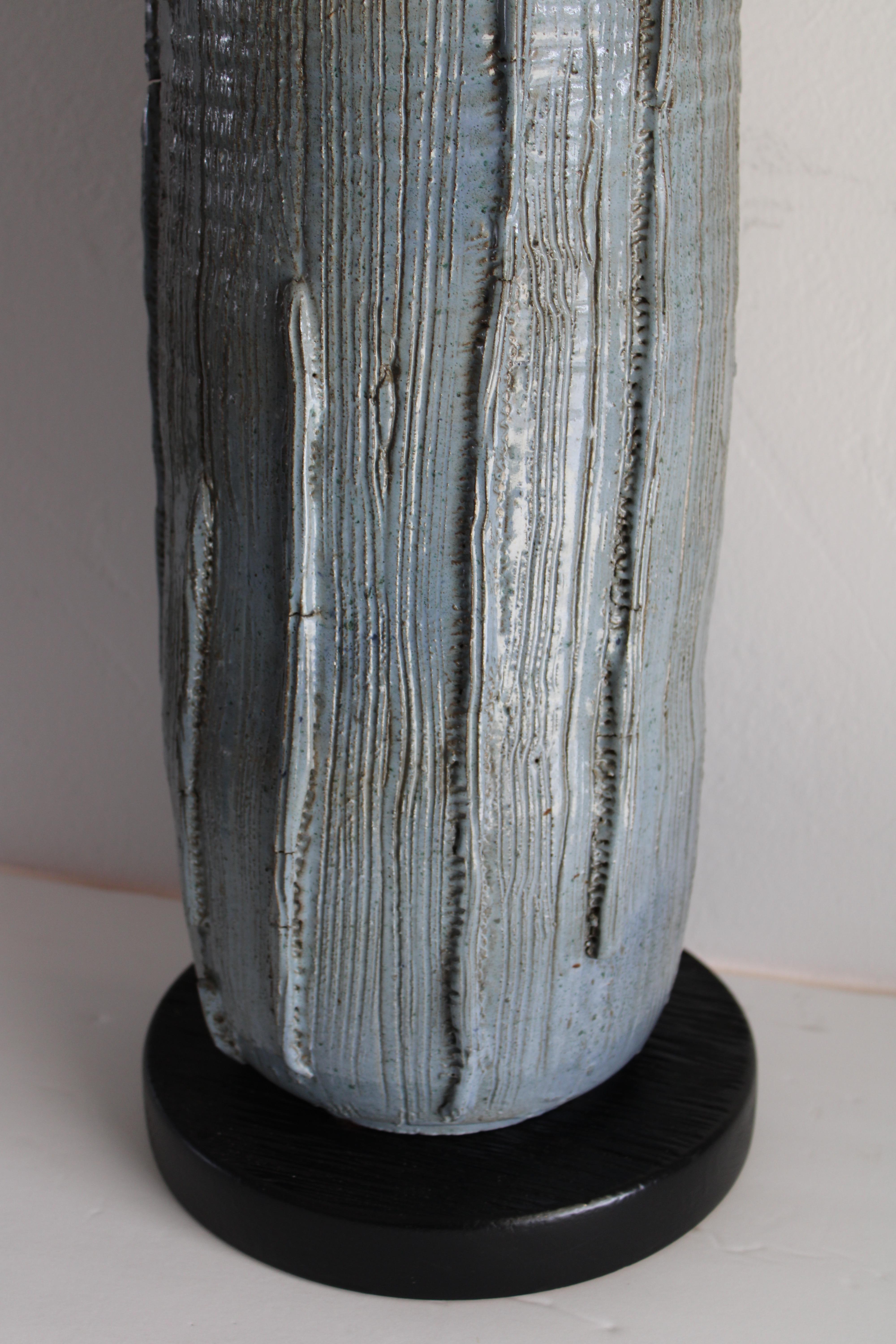 Ceramic Blue Table Lamp with Sgraffito Lines 4