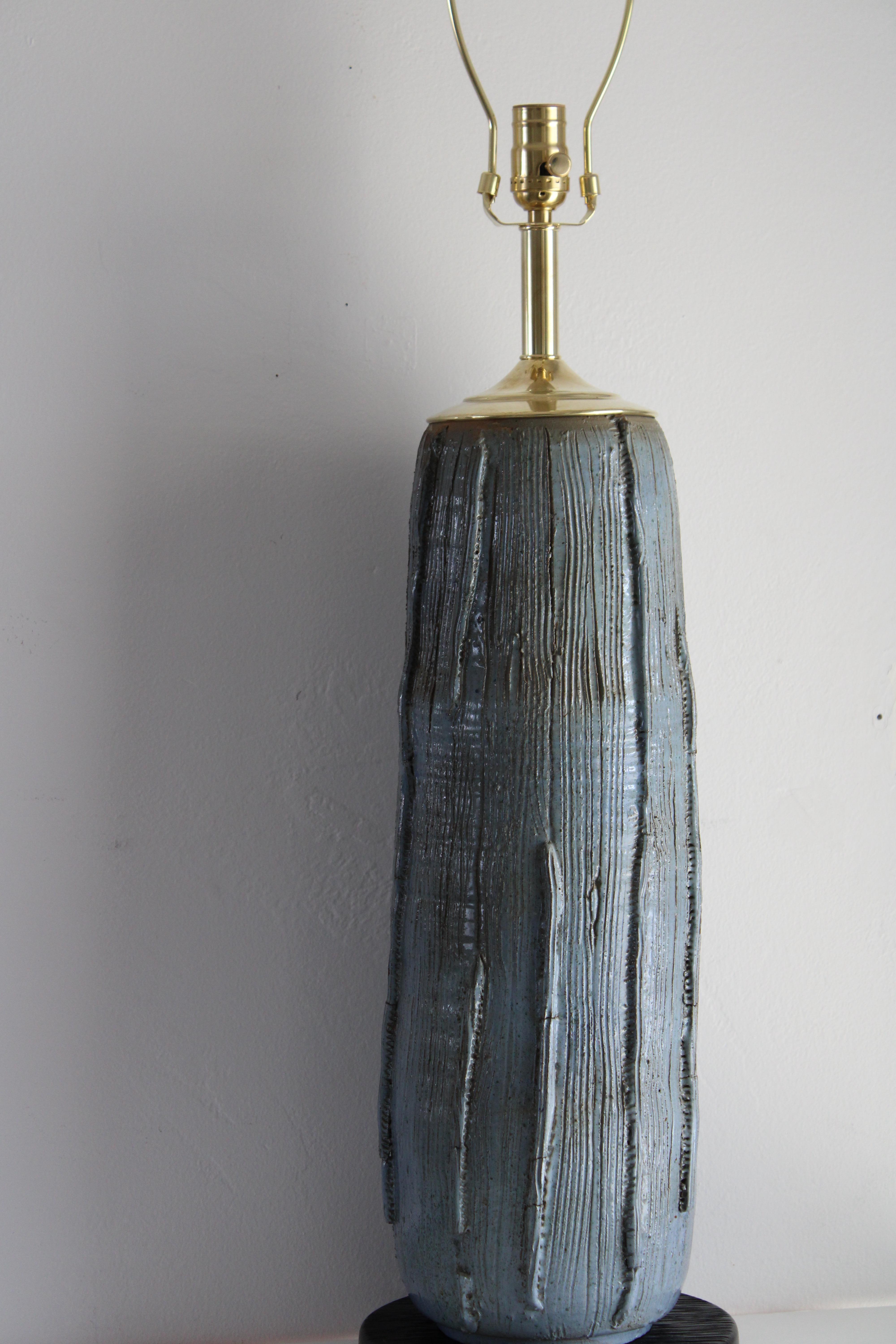 Mid-Century Modern Ceramic Blue Table Lamp with Sgraffito Lines