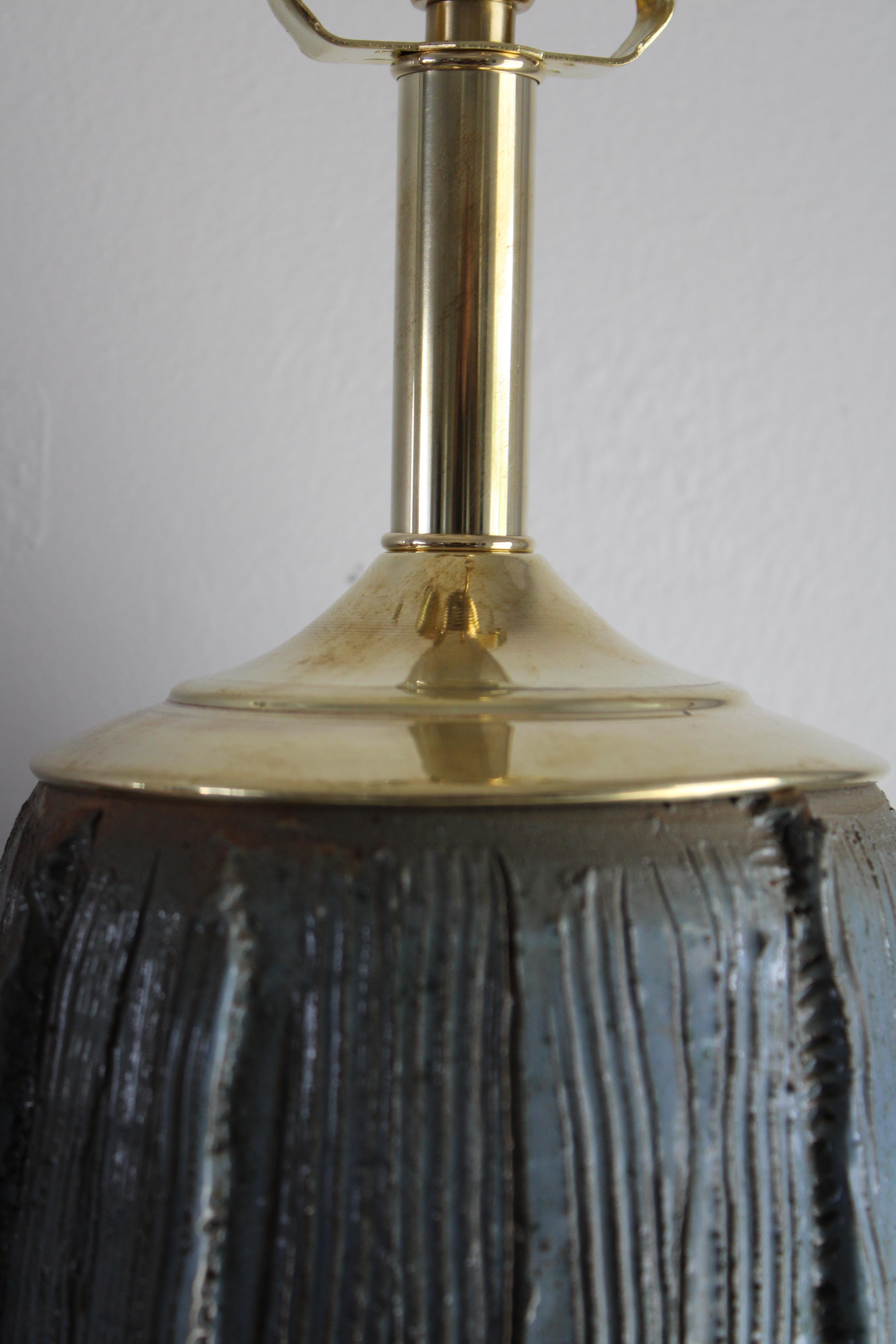 American Ceramic Blue Table Lamp with Sgraffito Lines