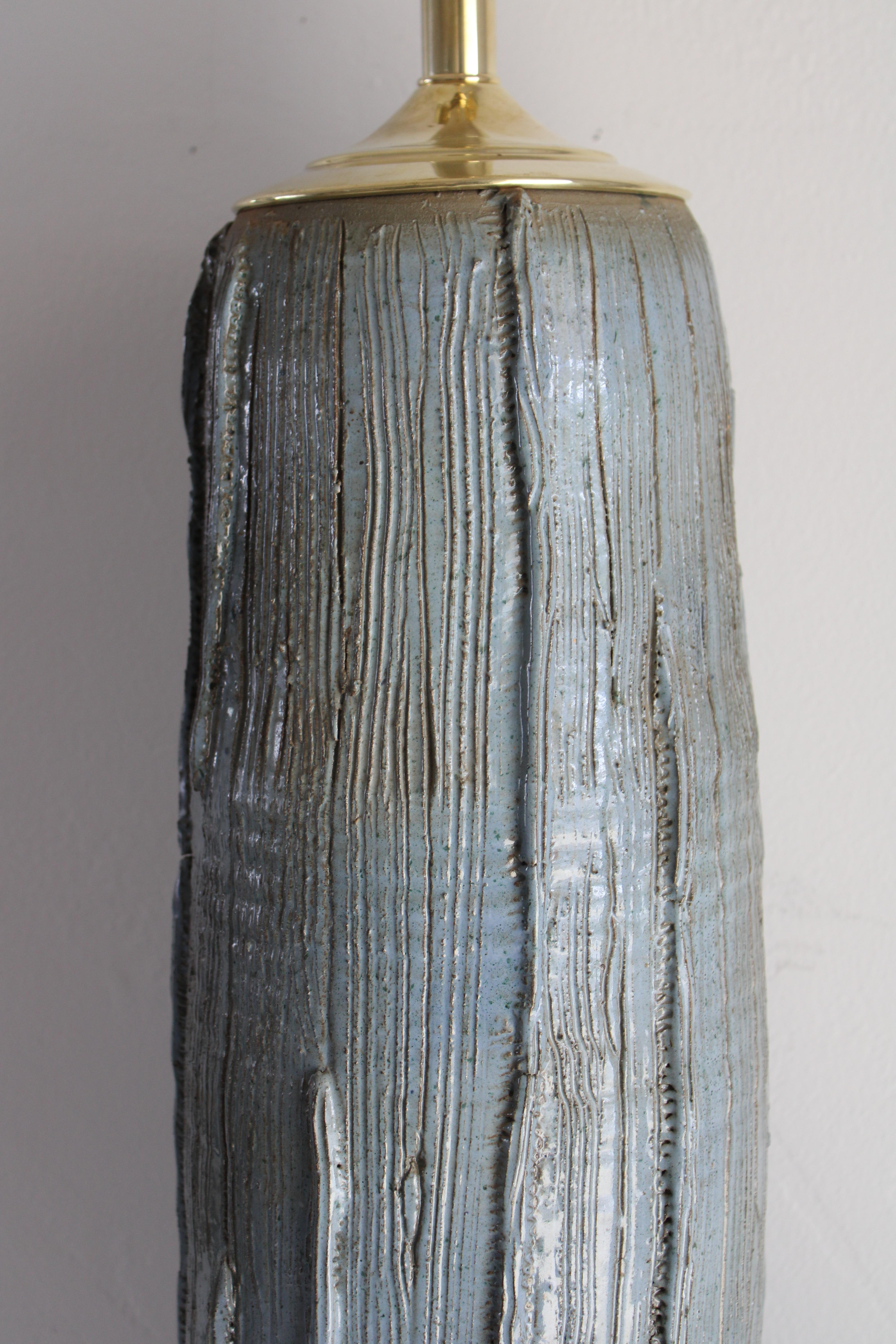 Mid-20th Century Ceramic Blue Table Lamp with Sgraffito Lines