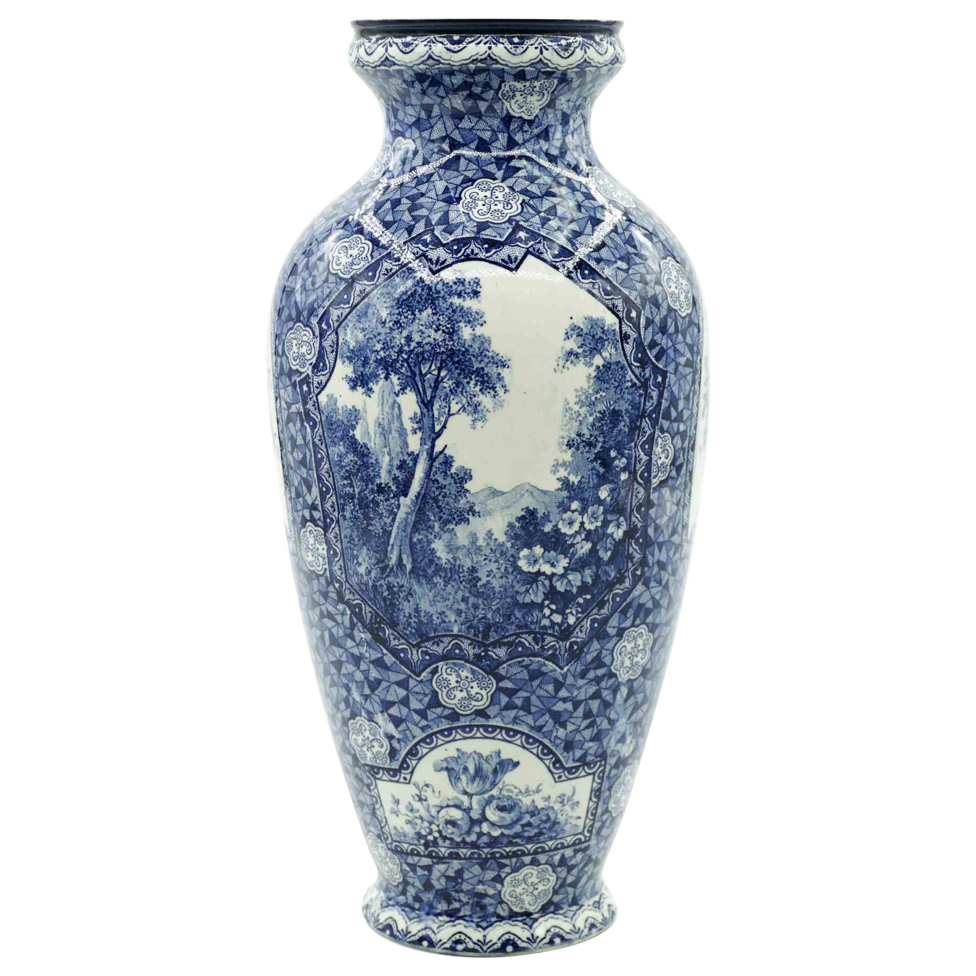 Blaue Keramikvase von Franz Anton Mehlem, 19. Jahrhundert