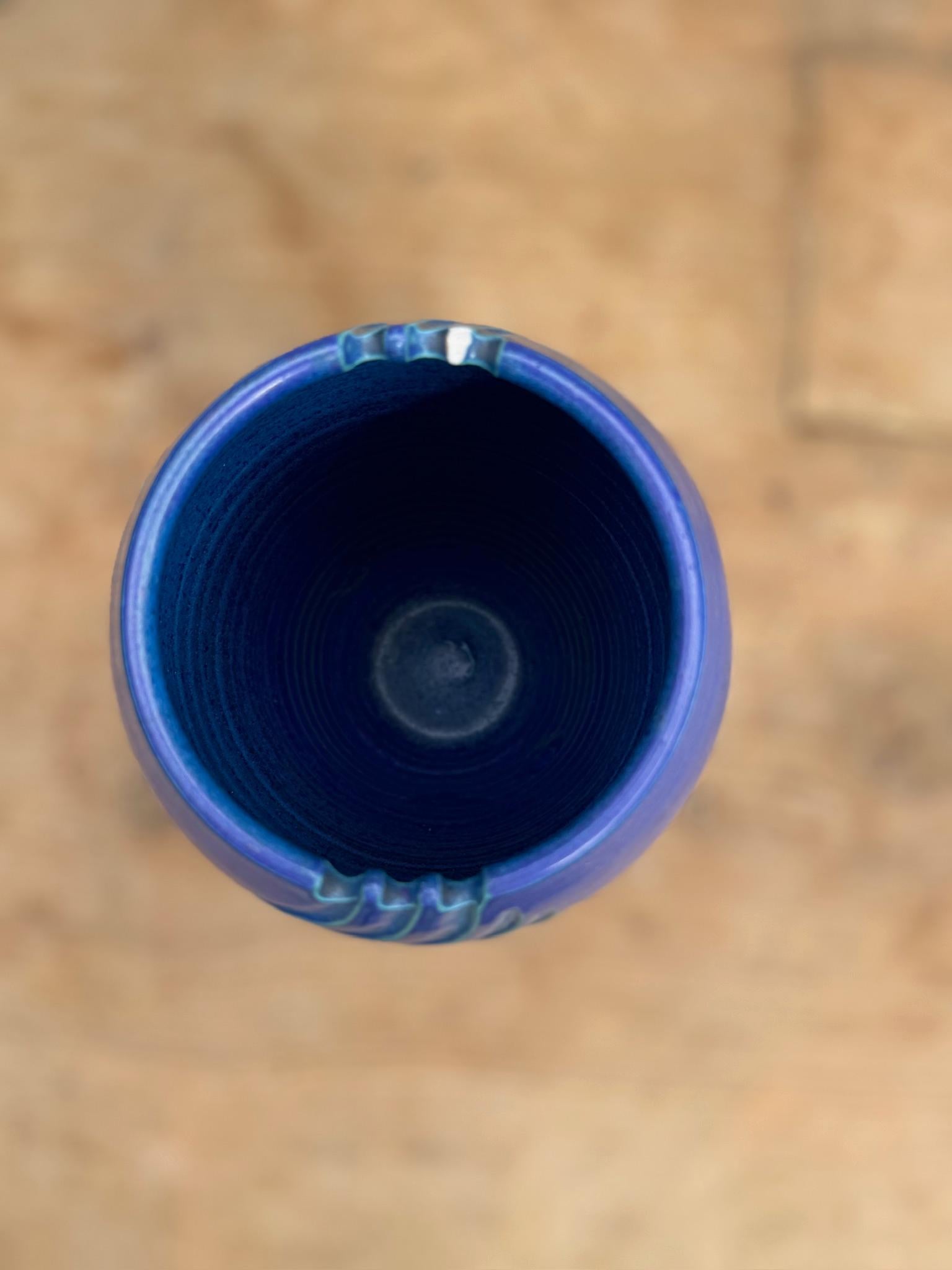 Unknown Ceramic Blue Vase with Carved Designs For Sale