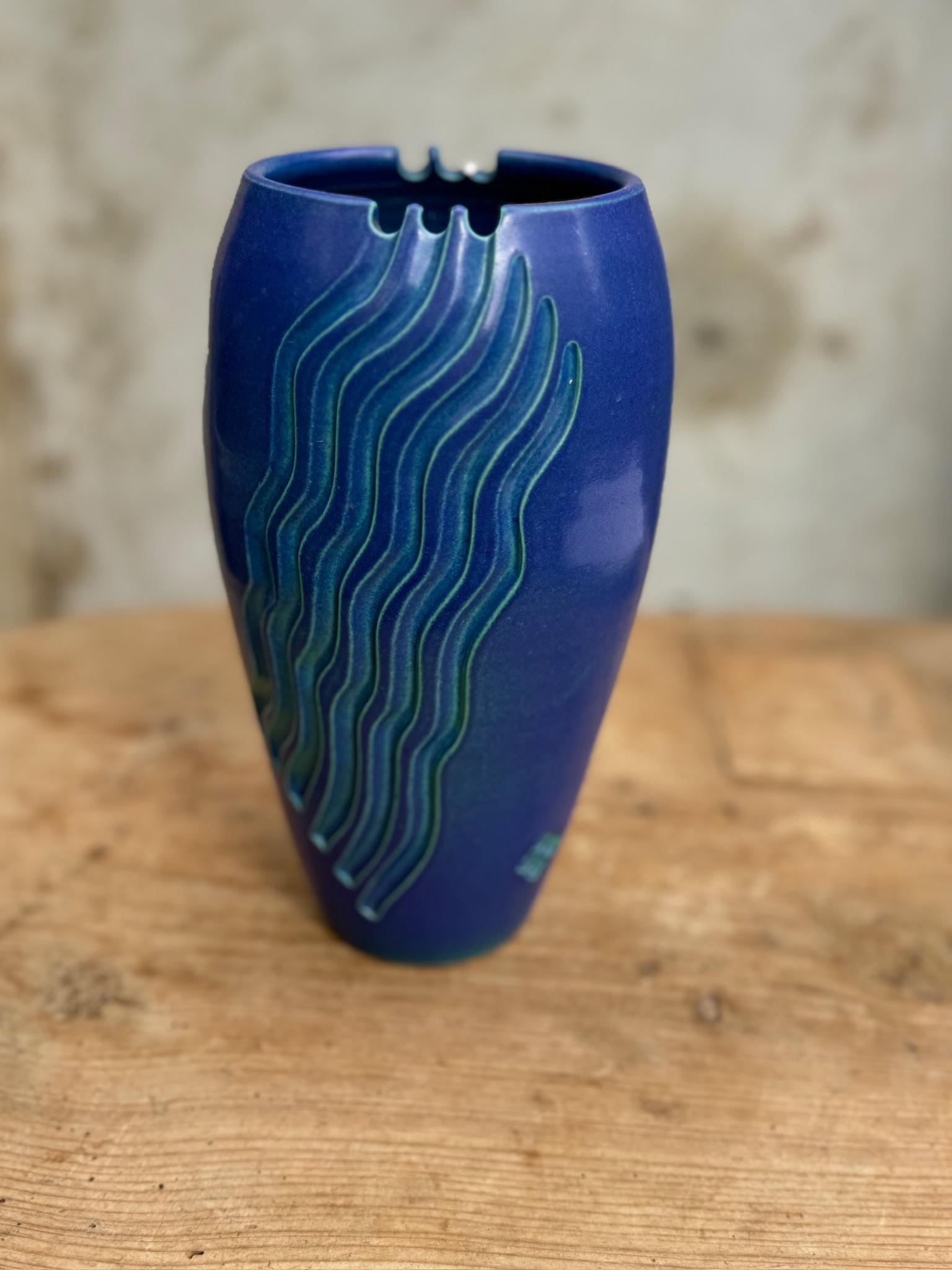 Ceramic Blue Vase with Carved Designs In Good Condition For Sale In West Hollywood, CA