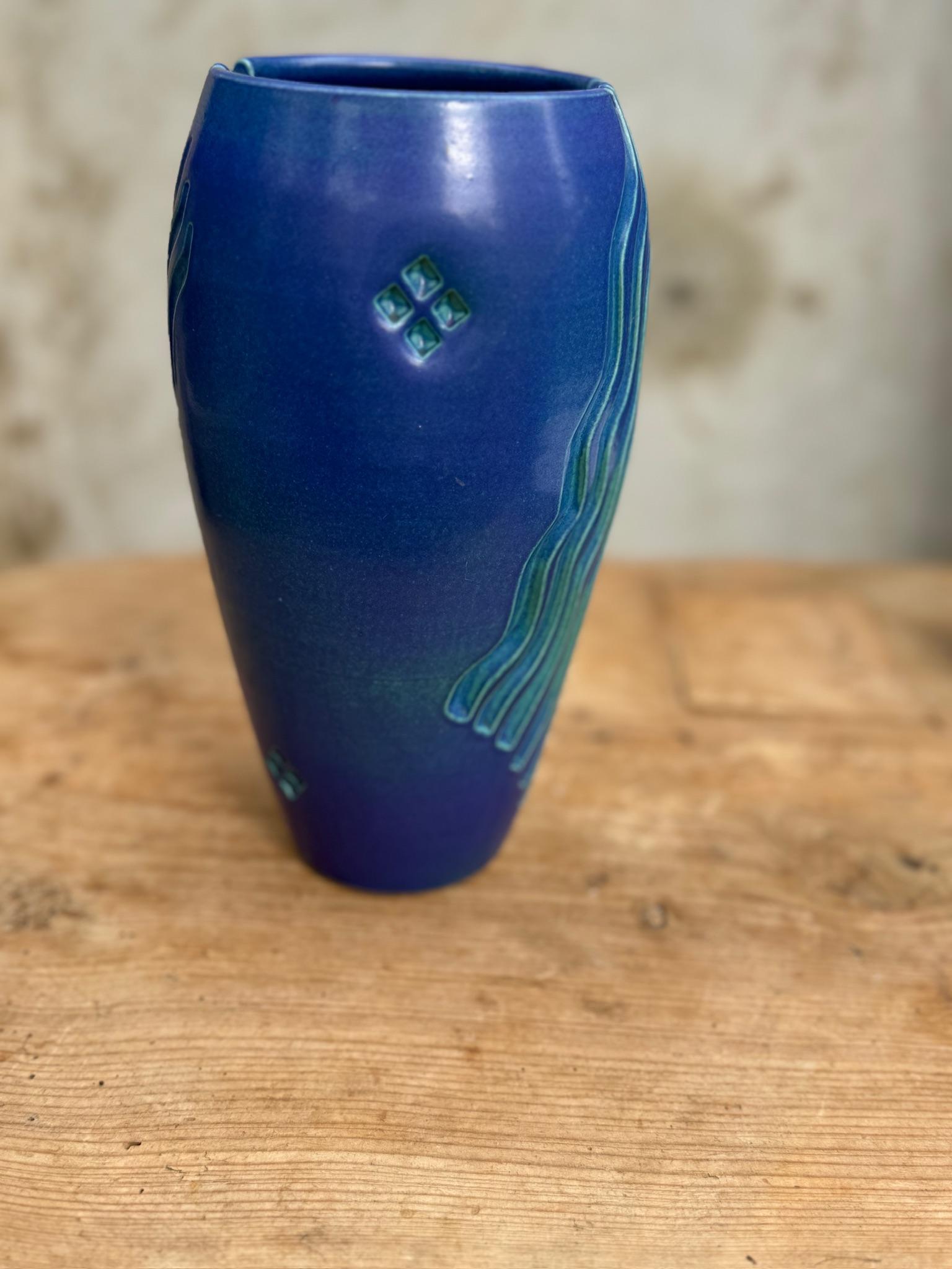 20th Century Ceramic Blue Vase with Carved Designs For Sale