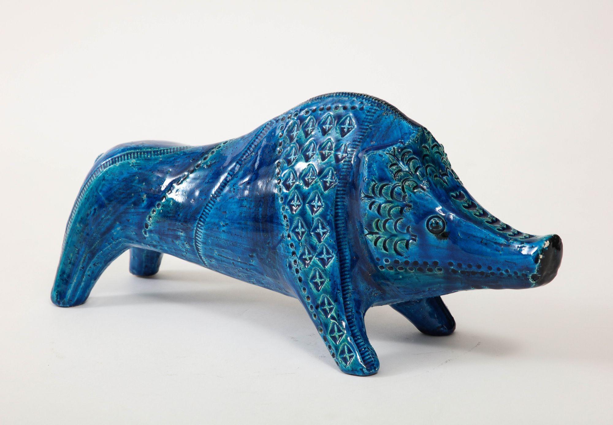 Mid-20th Century Ceramic Boar by Aldo Londi for Bitossi in 'Rimini blue' Italy ca. 1960 For Sale