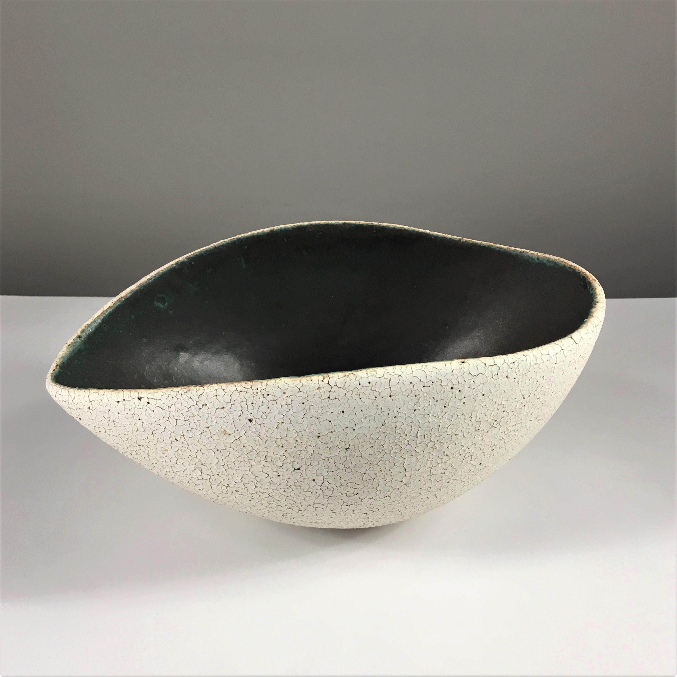 Ceramic Boat Shape Bowl with Dark Inner Glaze by Yumiko Kuga.  Dimensions: W 10