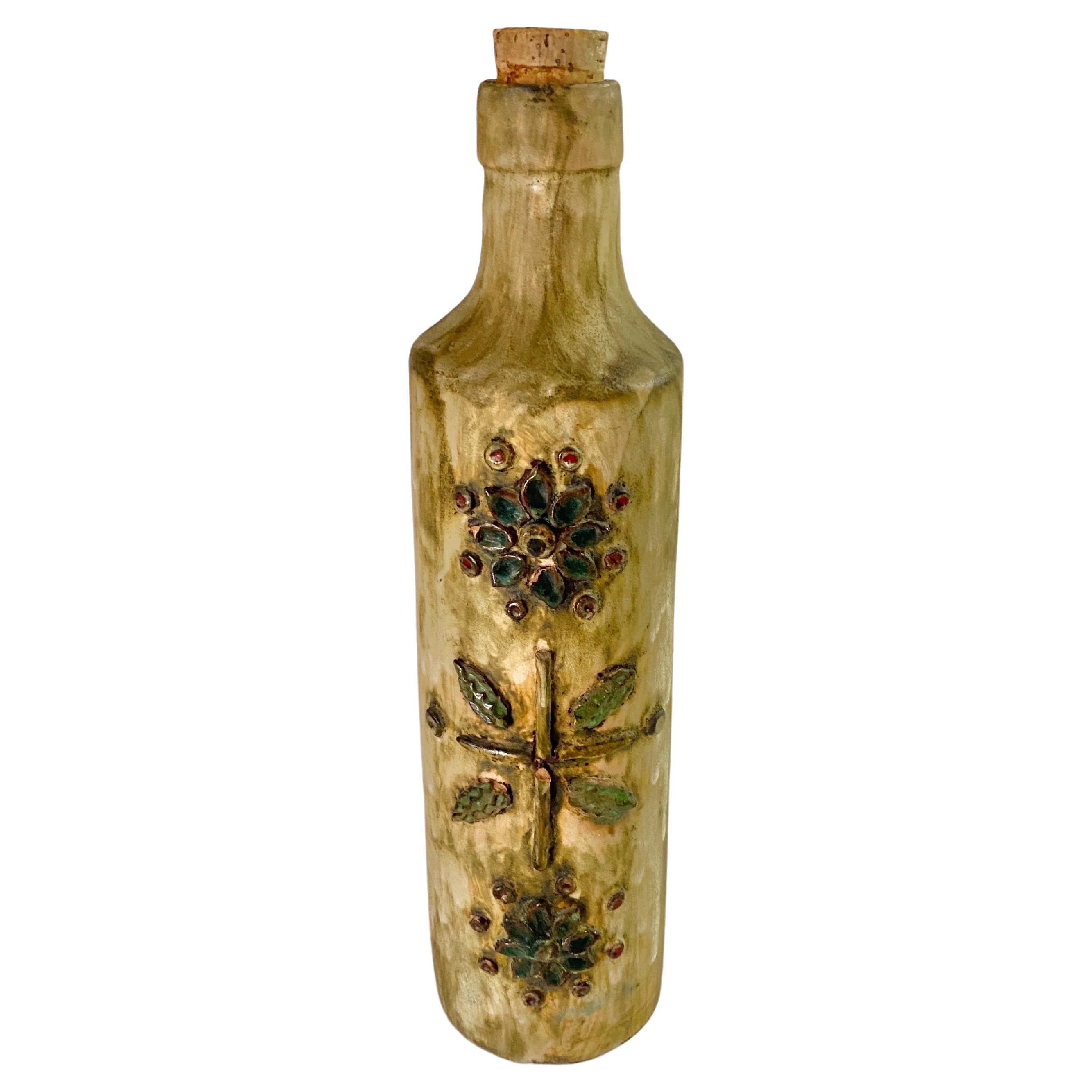 Ceramic Bottle Brown Color, with Flower Decoration Pattern, France, 1960