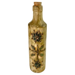 Vintage Ceramic Bottle Brown Color, with Flower Decoration Pattern, France, 1960