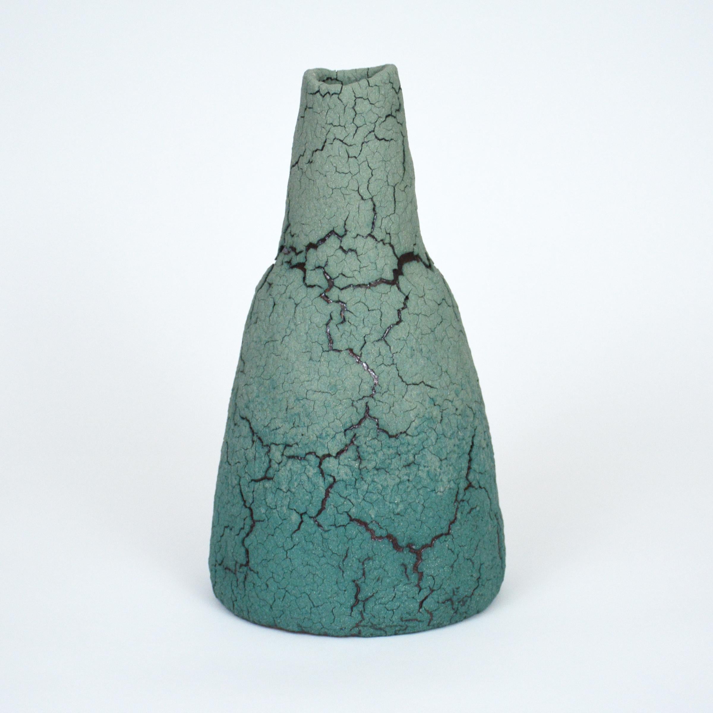 Ceramic bottle by William Edwards
Hand built earthenware vessel, fired multiple times to achieve a textured surface of random abstraction, ice blue - turquoise matte with dark brown gloss glaze breaking through.

William received his BFA in