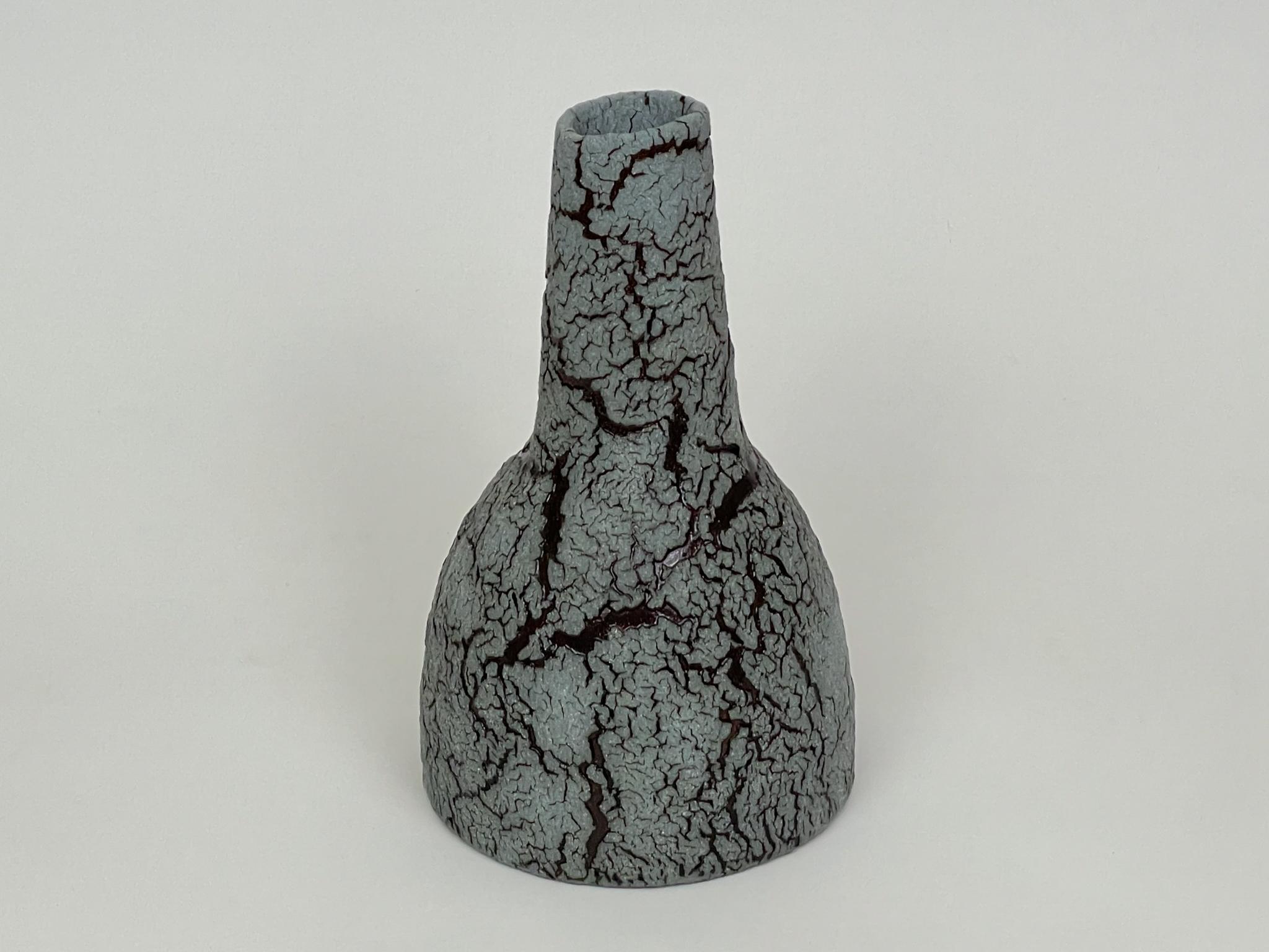 Ceramic bottle by William Edwards
Hand built earthenware vessel, fired multiple times to achieve a textured surface of random abstraction, matte sage gray-blue with dark brown gloss glaze breaking through.

William received his BFA in sculpture