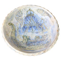 Ceramic bowl by Françoise Chedeville, Drakkar scene, 1960s, Era Capron Innocenti