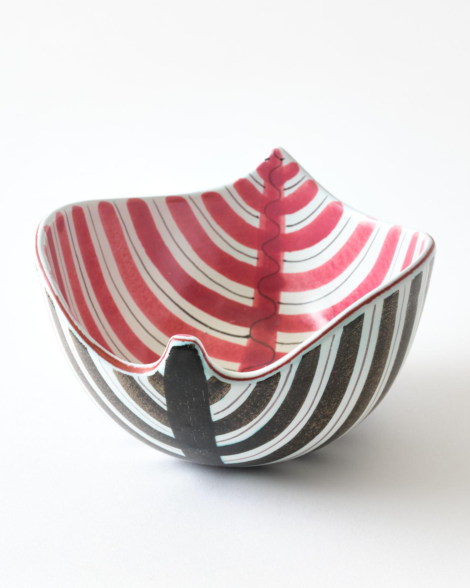 Ceramic Bowl by Stig Lindberg, Sweden, Red, Brown & White Striped, C 1950 For Sale 3
