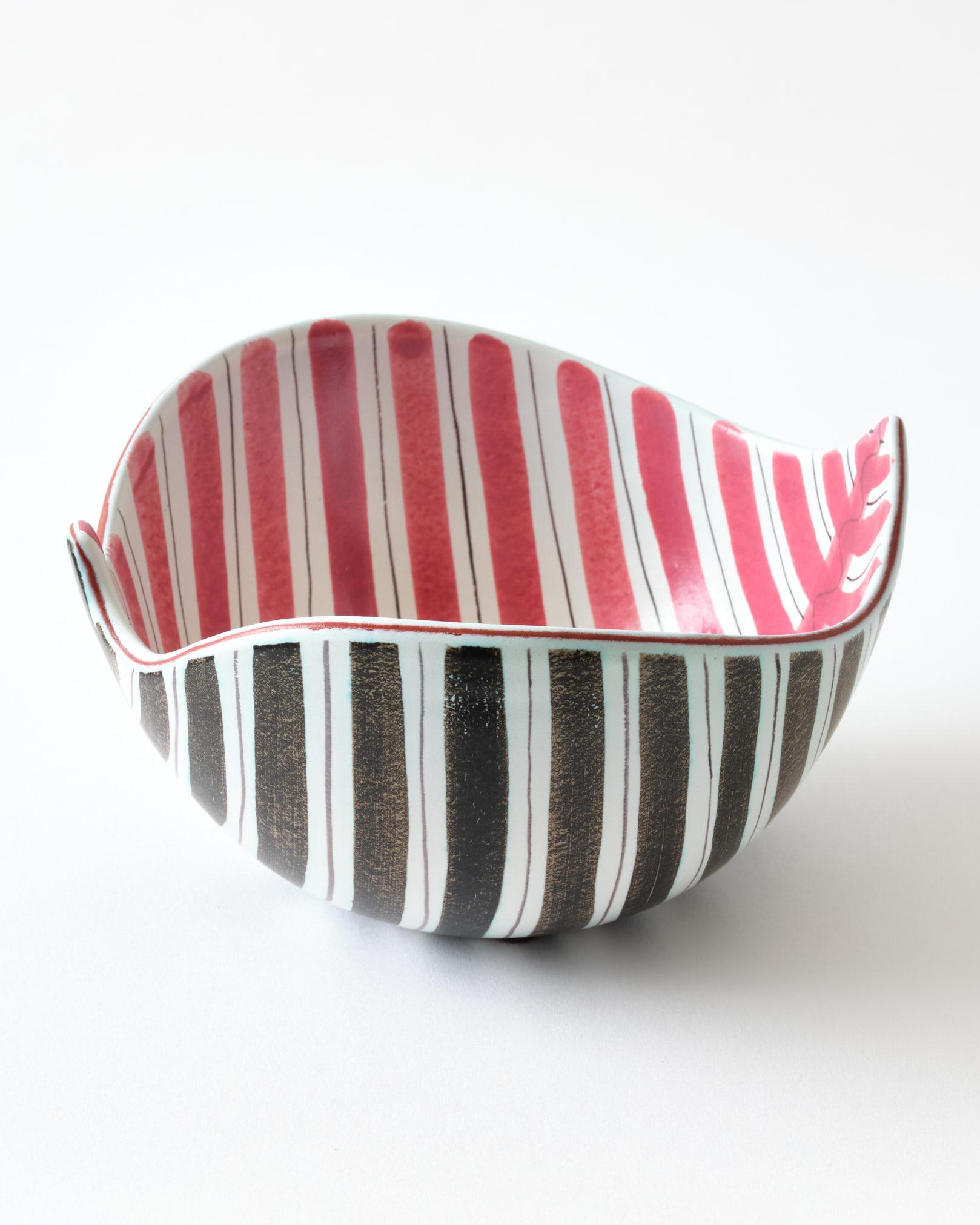Mid-Century Modern Ceramic Bowl by Stig Lindberg, Sweden, Red, Brown & White Striped, C 1950 For Sale