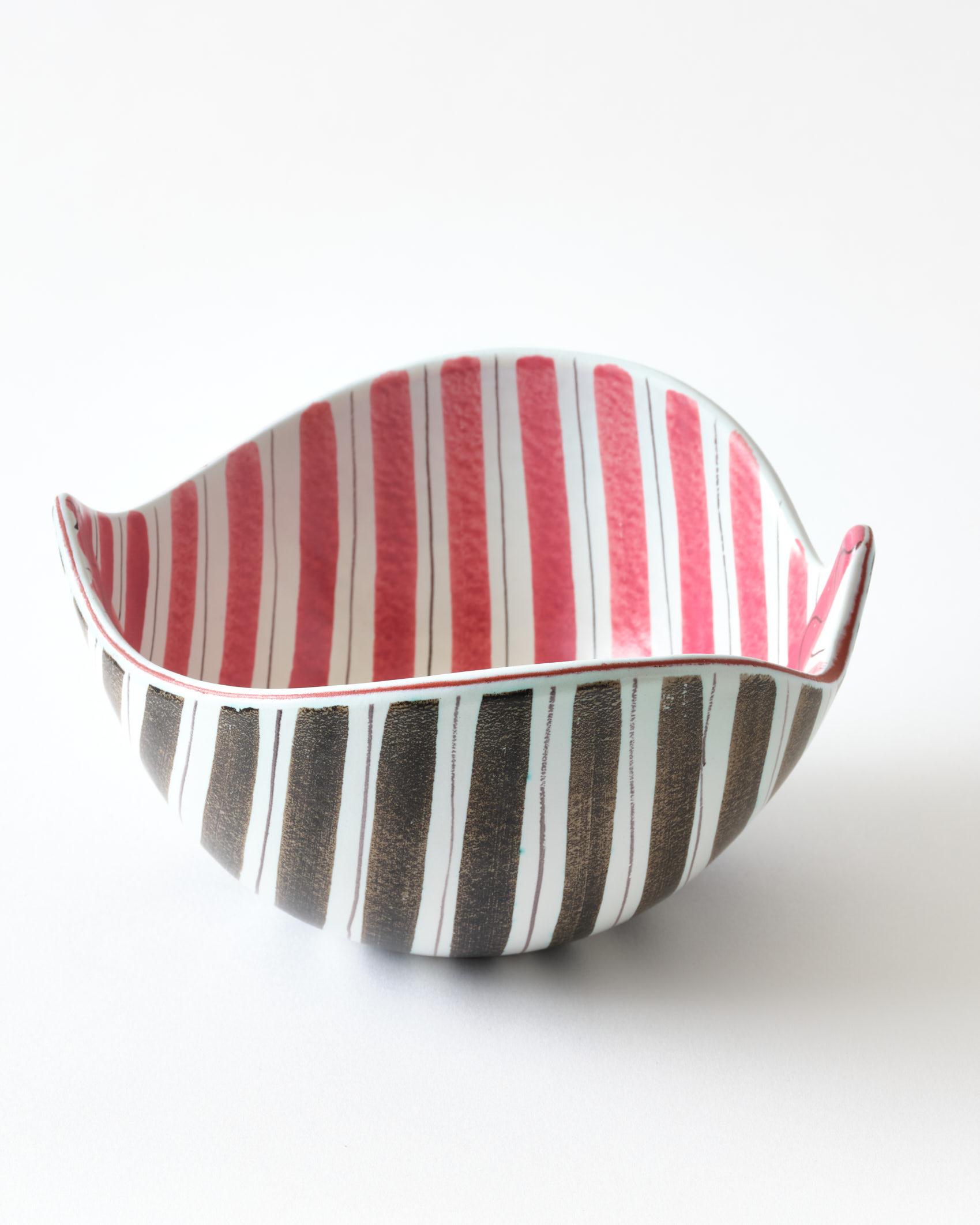 Hand-Crafted Ceramic Bowl by Stig Lindberg, Sweden, Red, Brown & White Striped, C 1950 For Sale