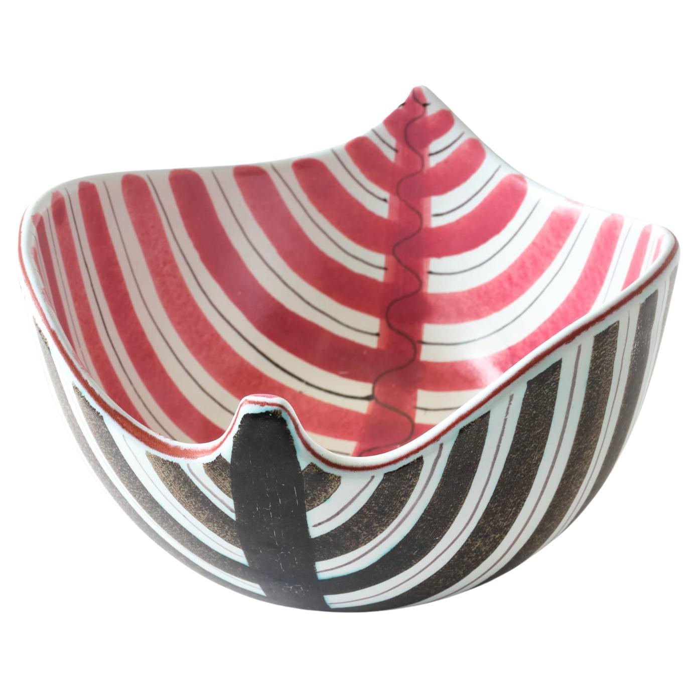 Ceramic Bowl by Stig Lindberg, Sweden, Red, Brown & White Striped, C 1950 For Sale