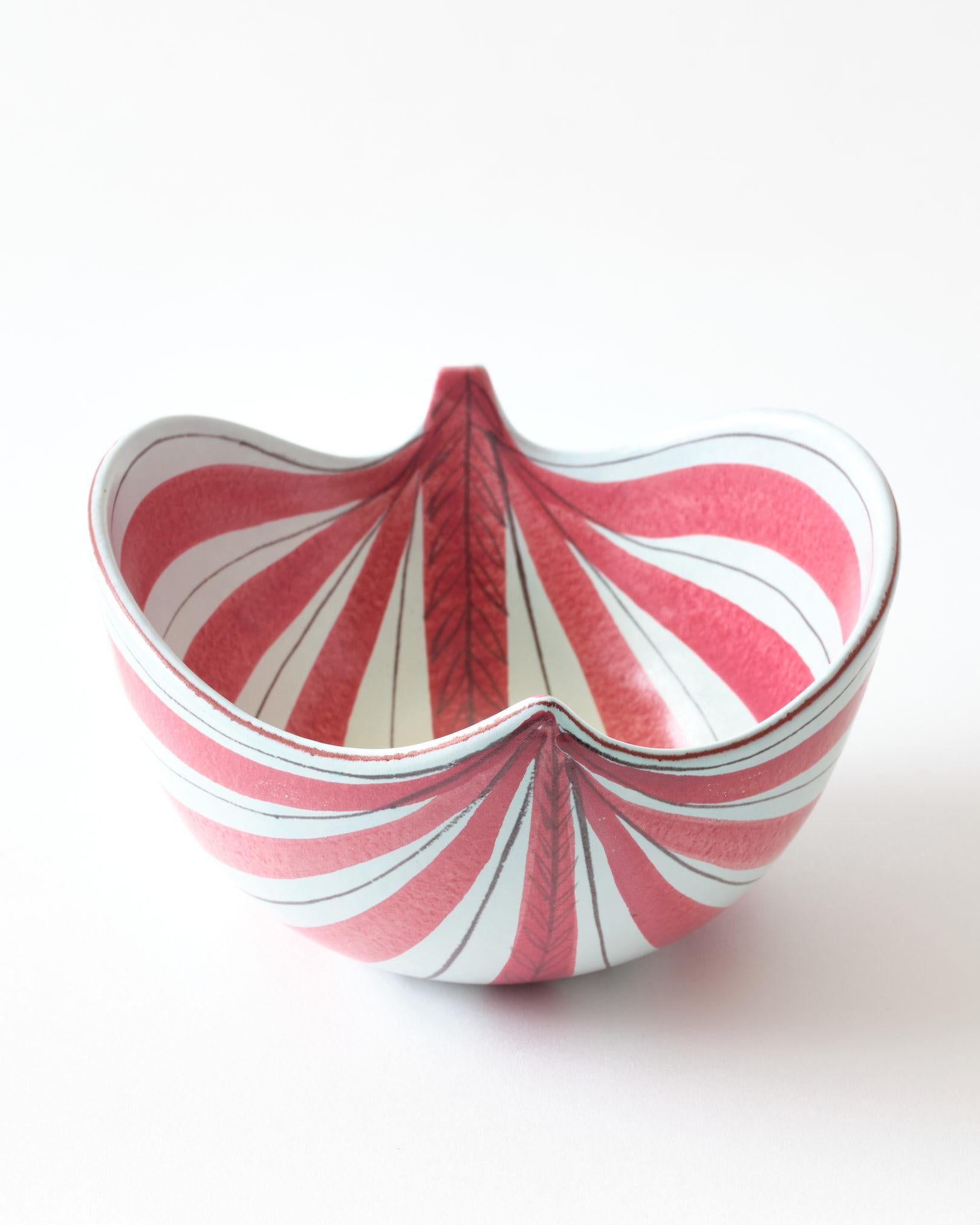 Ceramic Bowl by Stig Lindberg, Sweden, C 1950, Red & White Striped, Signed For Sale 4