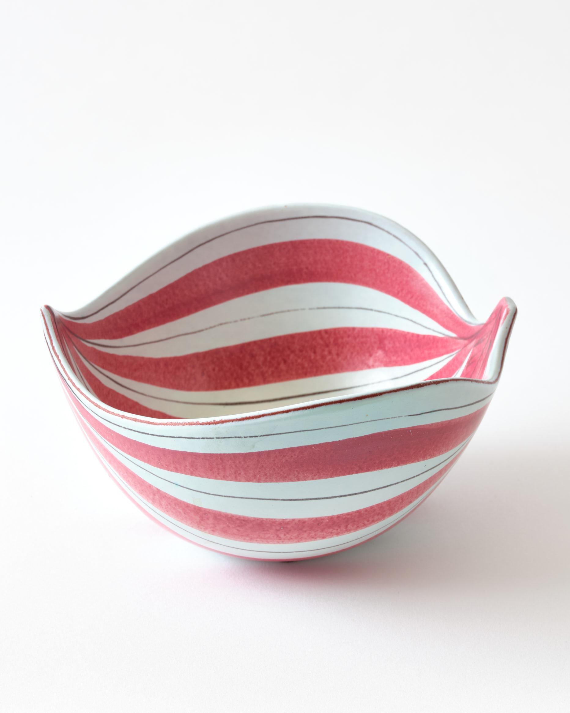 Mid-Century Modern Ceramic Bowl by Stig Lindberg, Sweden, C 1950, Red & White Striped, Signed For Sale
