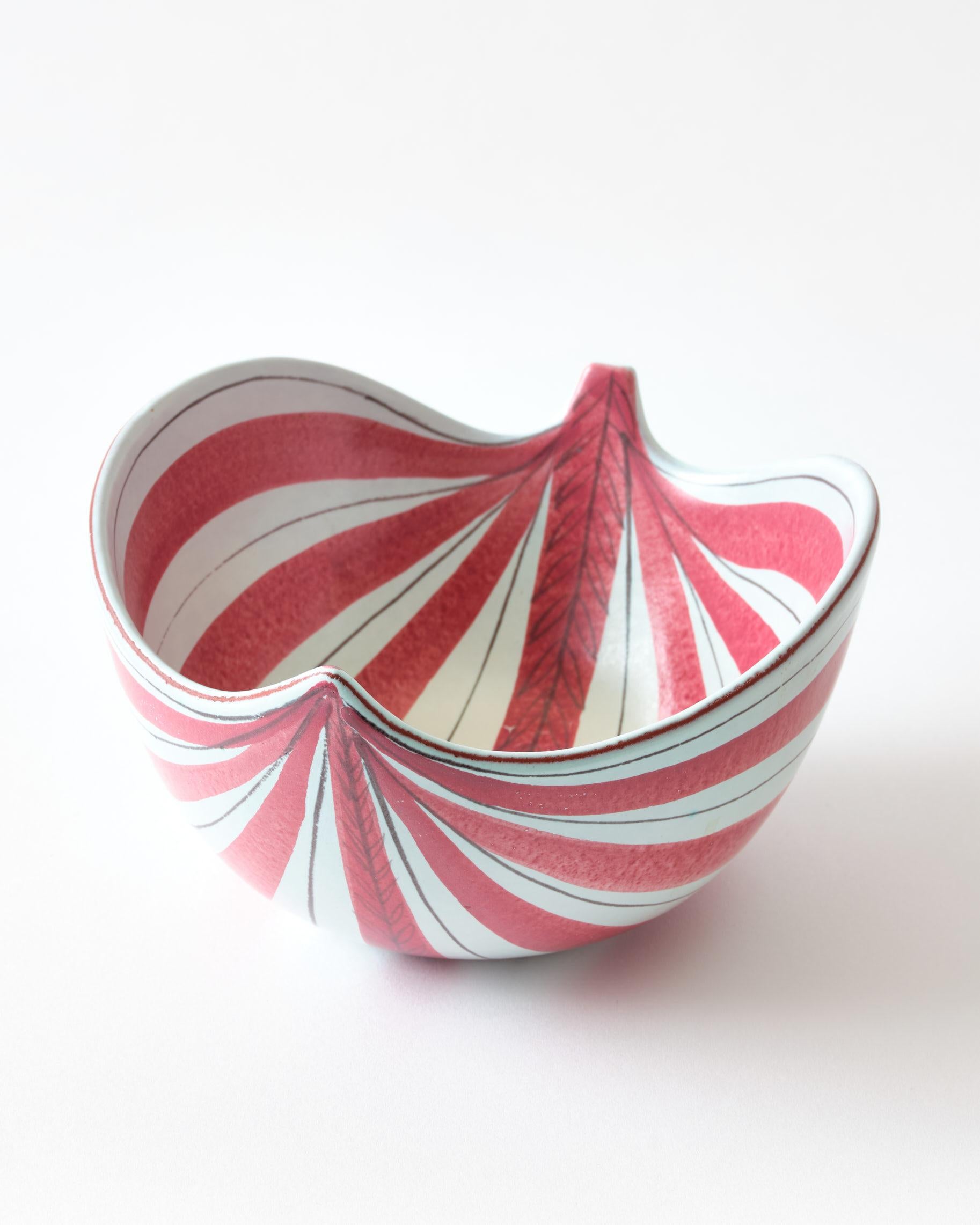Swedish Ceramic Bowl by Stig Lindberg, Sweden, Red & White Striped, Signed, C 1950 For Sale