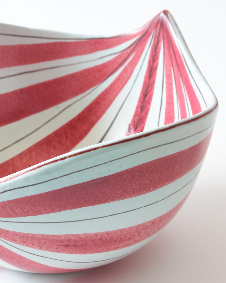 Ceramic Bowl by Stig Lindberg, Sweden, Red & White Striped, Signed, C 1950 In Good Condition For Sale In New York, NY