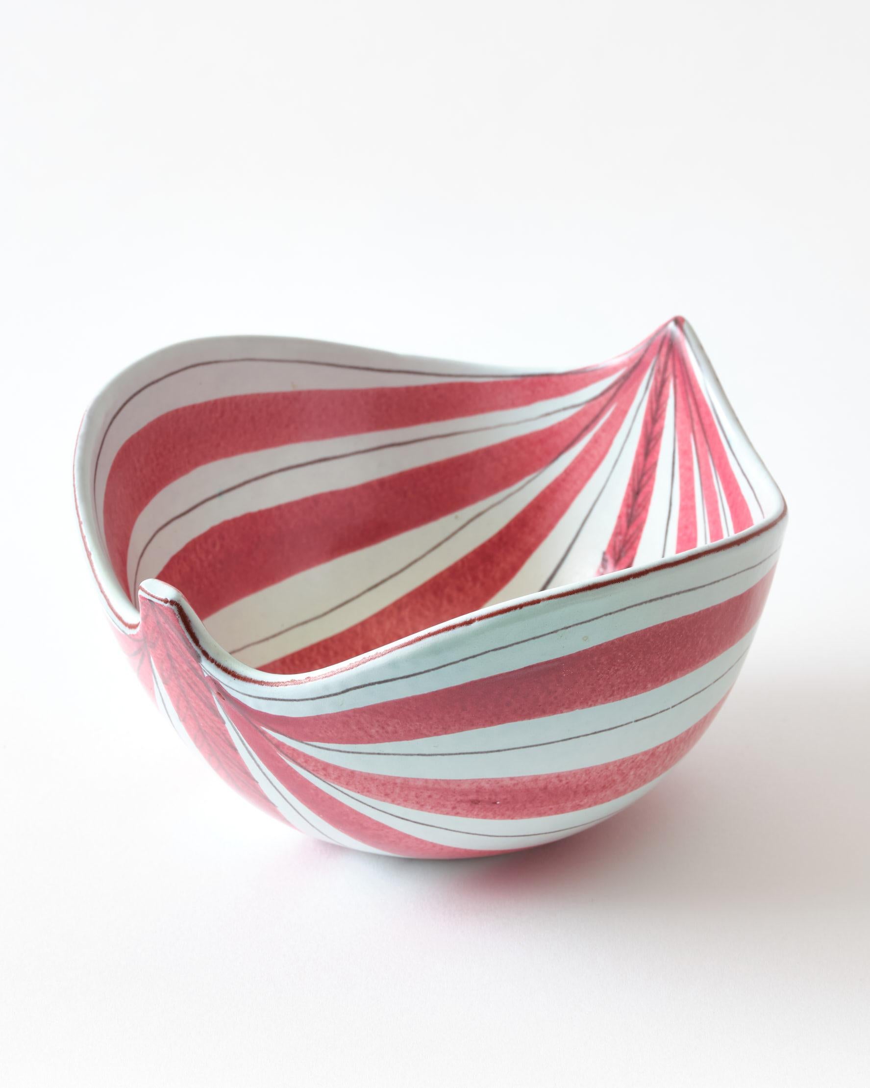 Mid-20th Century Ceramic Bowl by Stig Lindberg, Sweden, C 1950, Red & White Striped, Signed For Sale