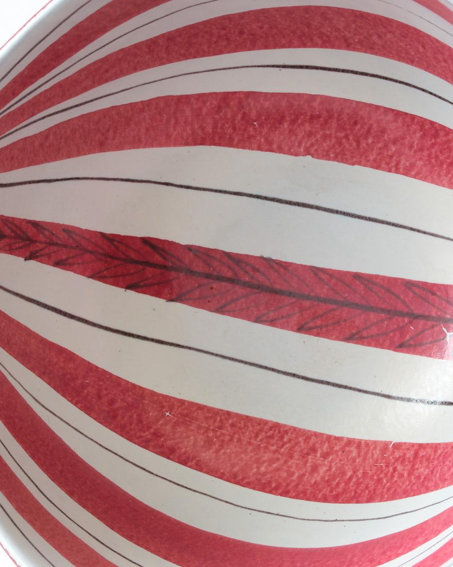 Ceramic Bowl by Stig Lindberg, Sweden, C 1950, Red & White Striped, Signed For Sale 2
