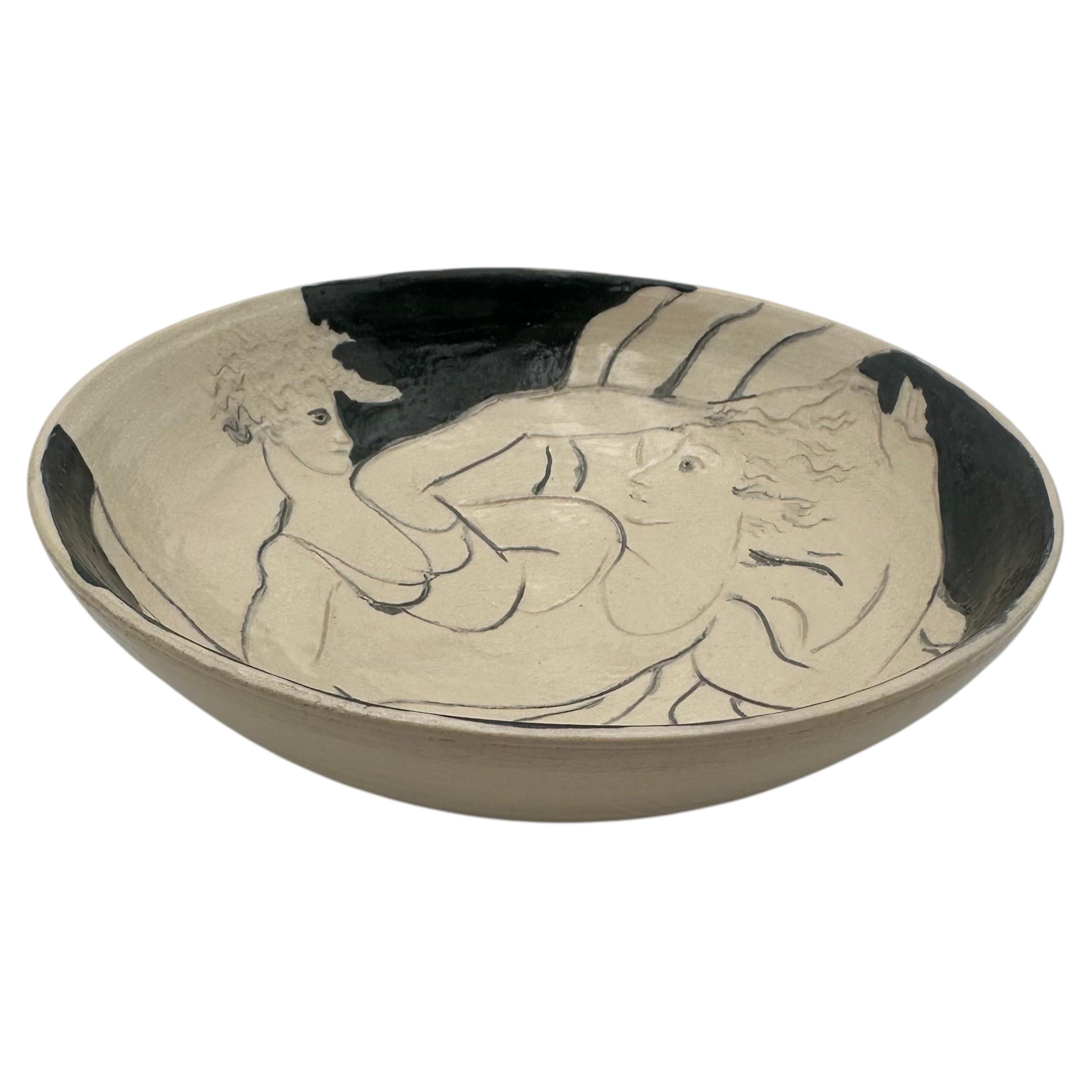 Ceramic bowl decorated with two female figures – Signed, circa 1970