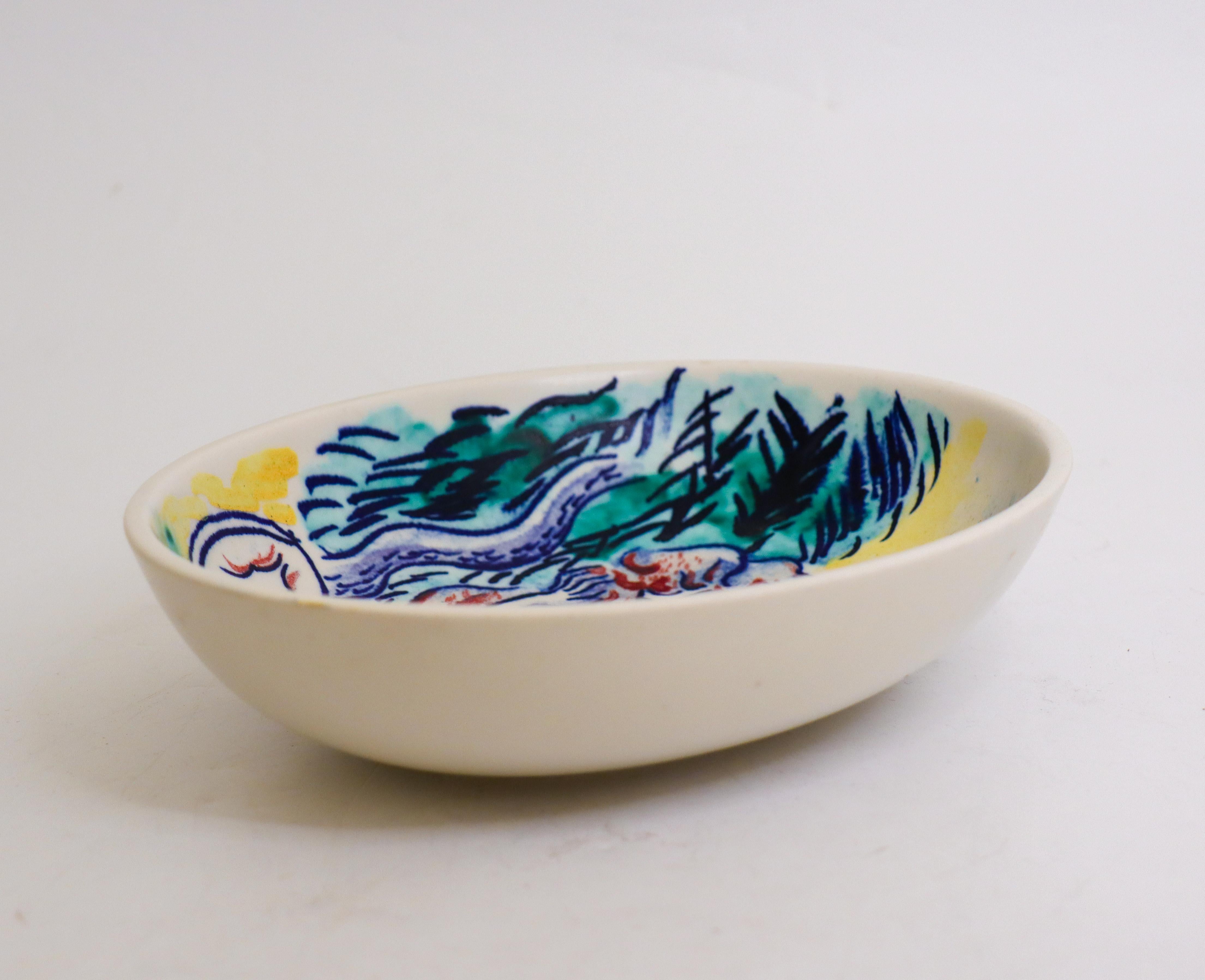 Scandinavian Modern Ceramic Bowl - Isaac Grünewald - Rörstrand 1943 - Hand Painted For Sale