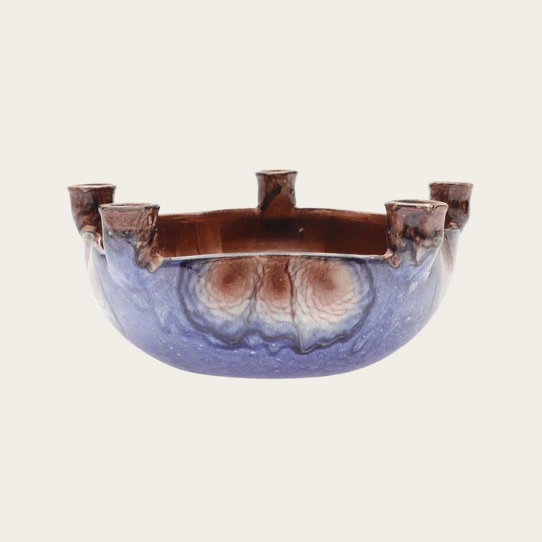 1930s, Denmark. Ceramic bowl features five built-in candlesticks. It is marked 'Gefle' on the bottom.