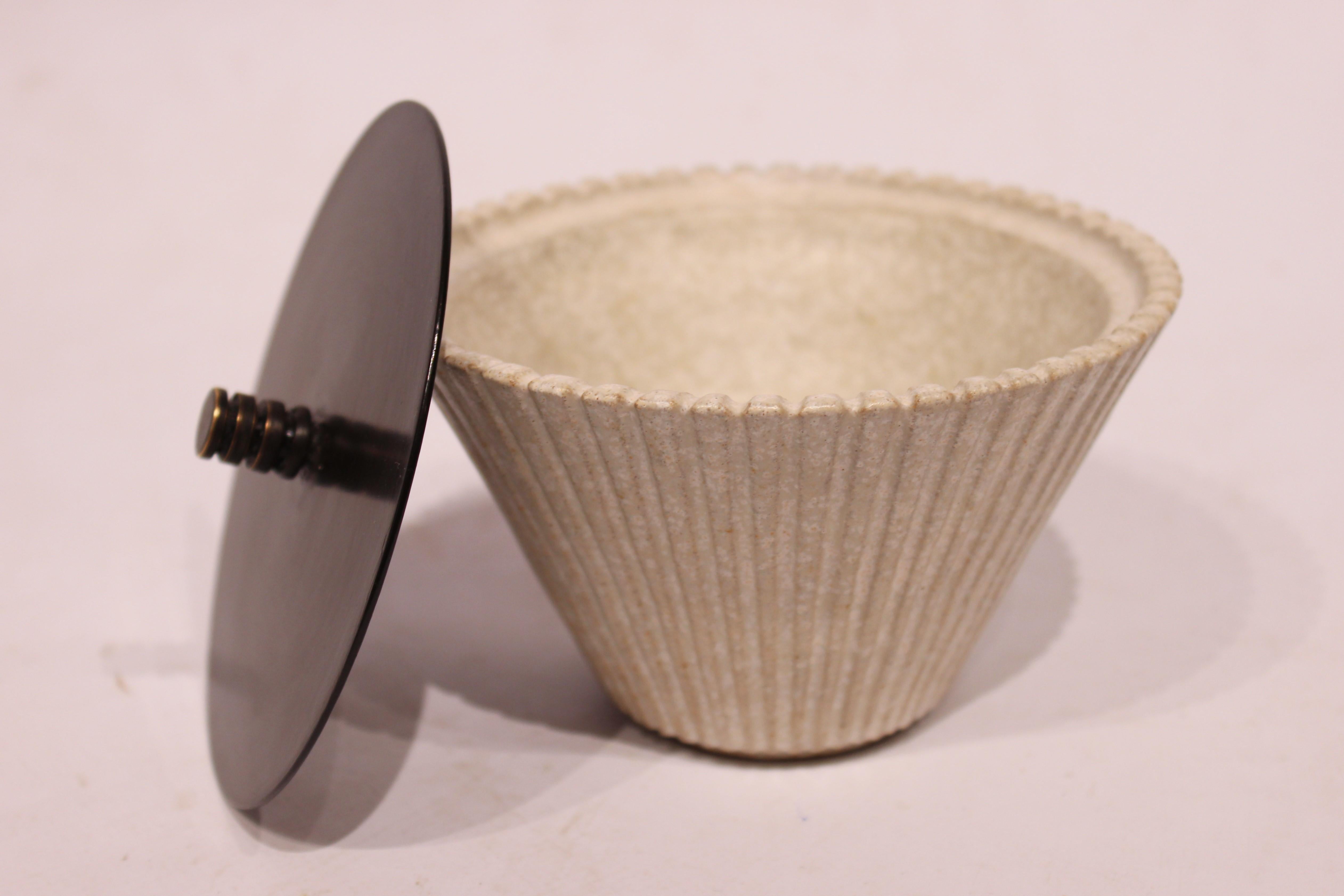 Scandinavian Modern Ceramic Bowl with Lid of Bronze by Arne Bang, No. 119, from the 1930s