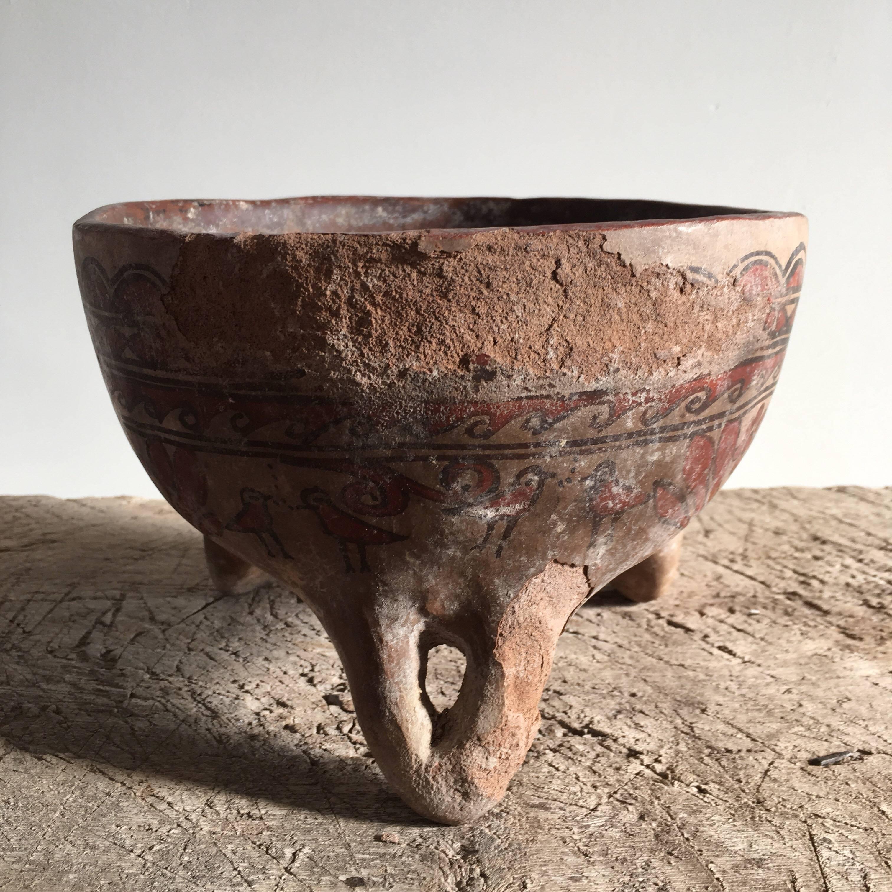 Rustic Ceramic Bowl with Primitive Design Work from Mexico