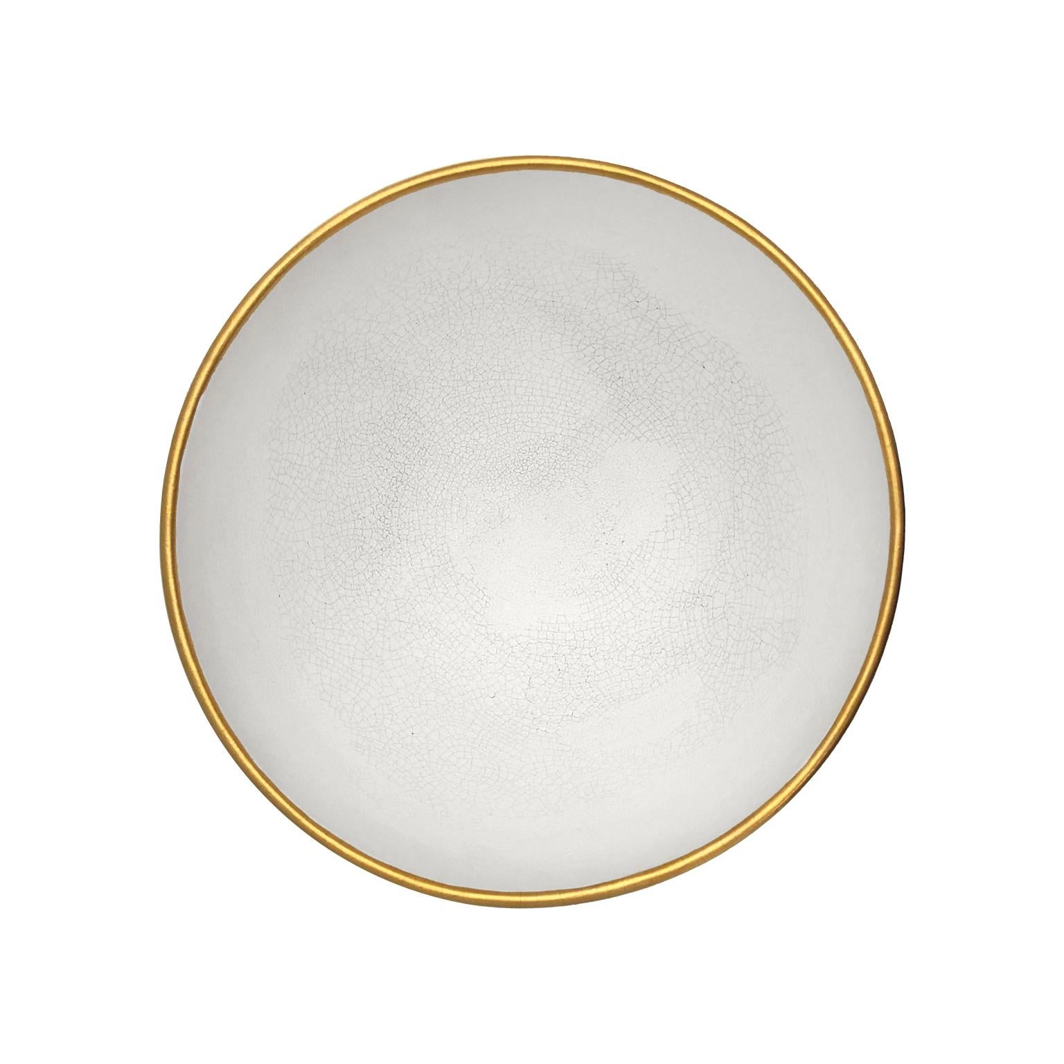 American Ceramic Bowl with White Crackle Glaze and 22K Matte Gold Band by Sandi Fellman For Sale