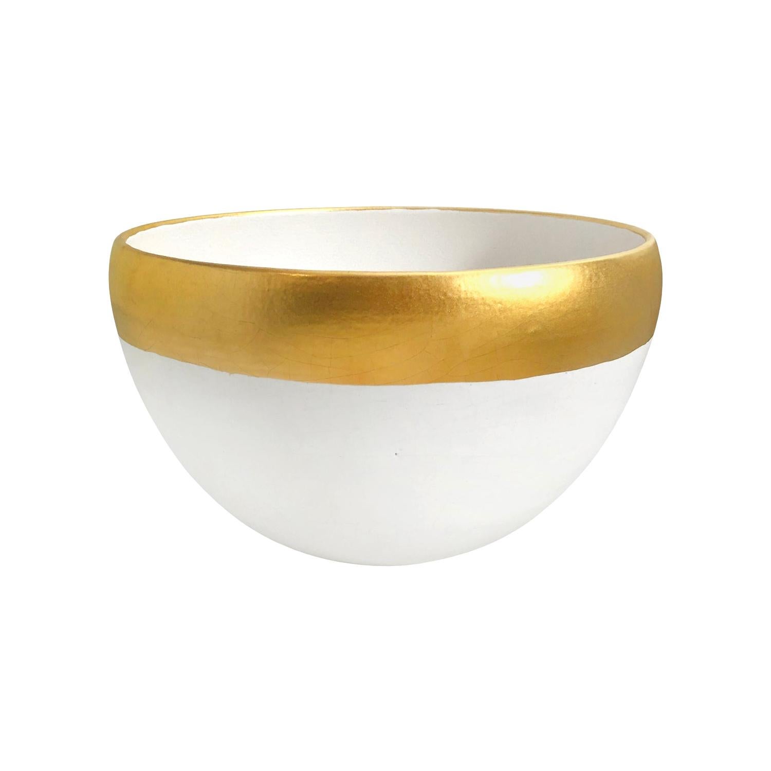 Ceramic Bowl with White Crackle Glaze and 22K Matte Gold Band by Sandi Fellman For Sale